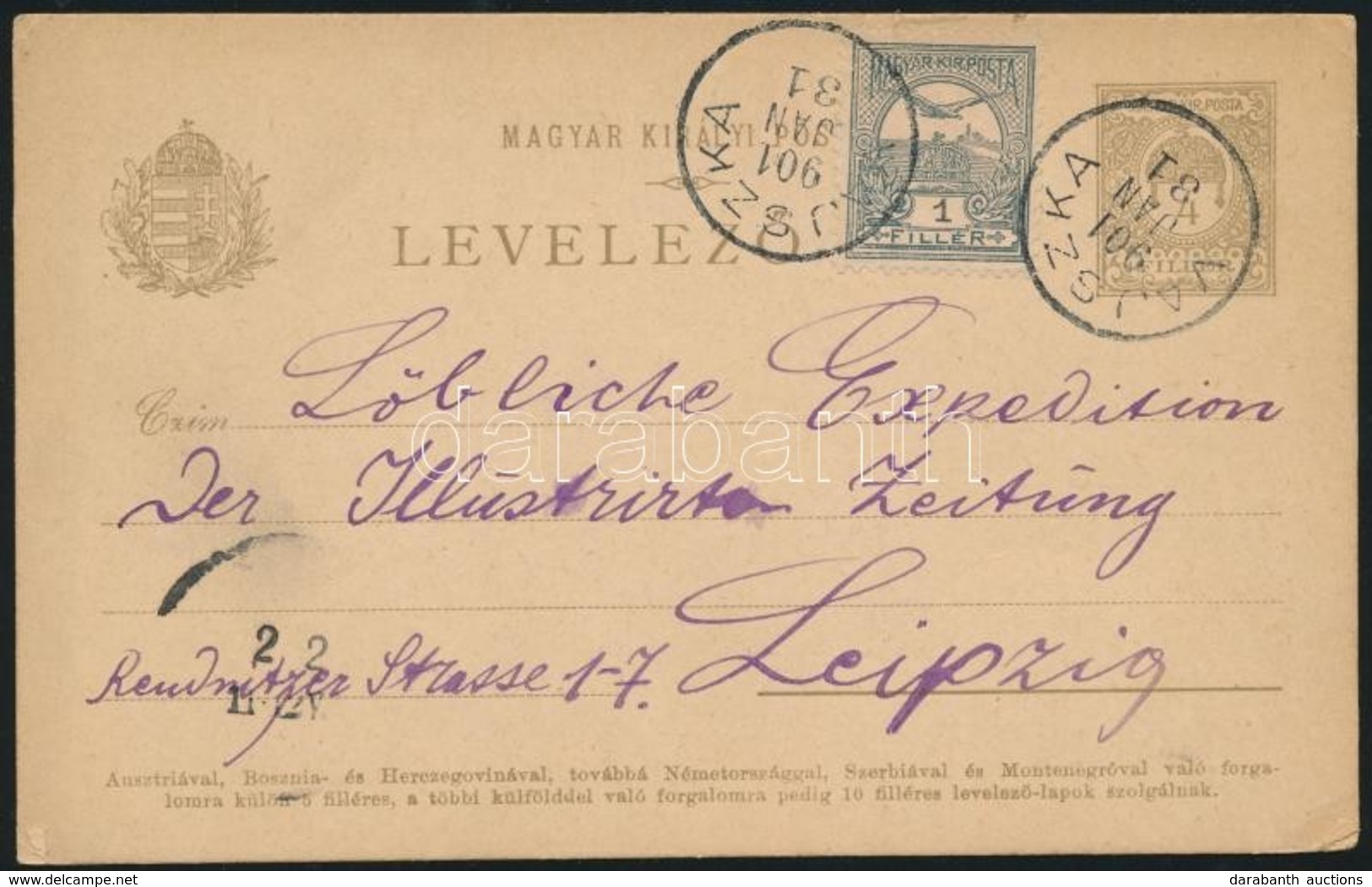1901 Díjjegyes Levelezőlap 1f Kiegészítéssel / PS-card With Additional Franking 'VAJSZKA' - Lipcse - Autres & Non Classés