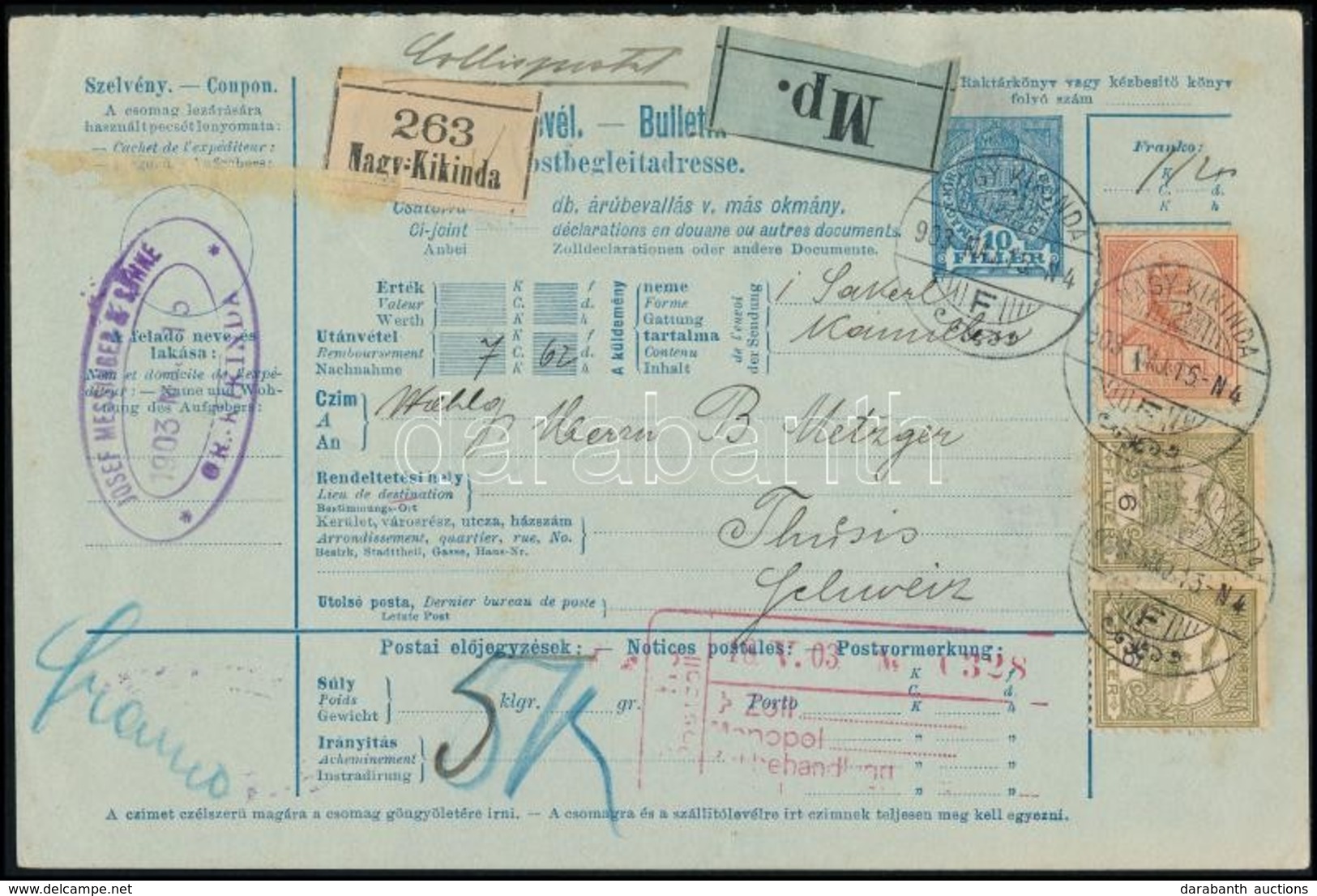 1903 Teljes Csomagszállító 1,12K Bérmentesítéssel Svájcba / Parcel Card To Switzerland - Sonstige & Ohne Zuordnung