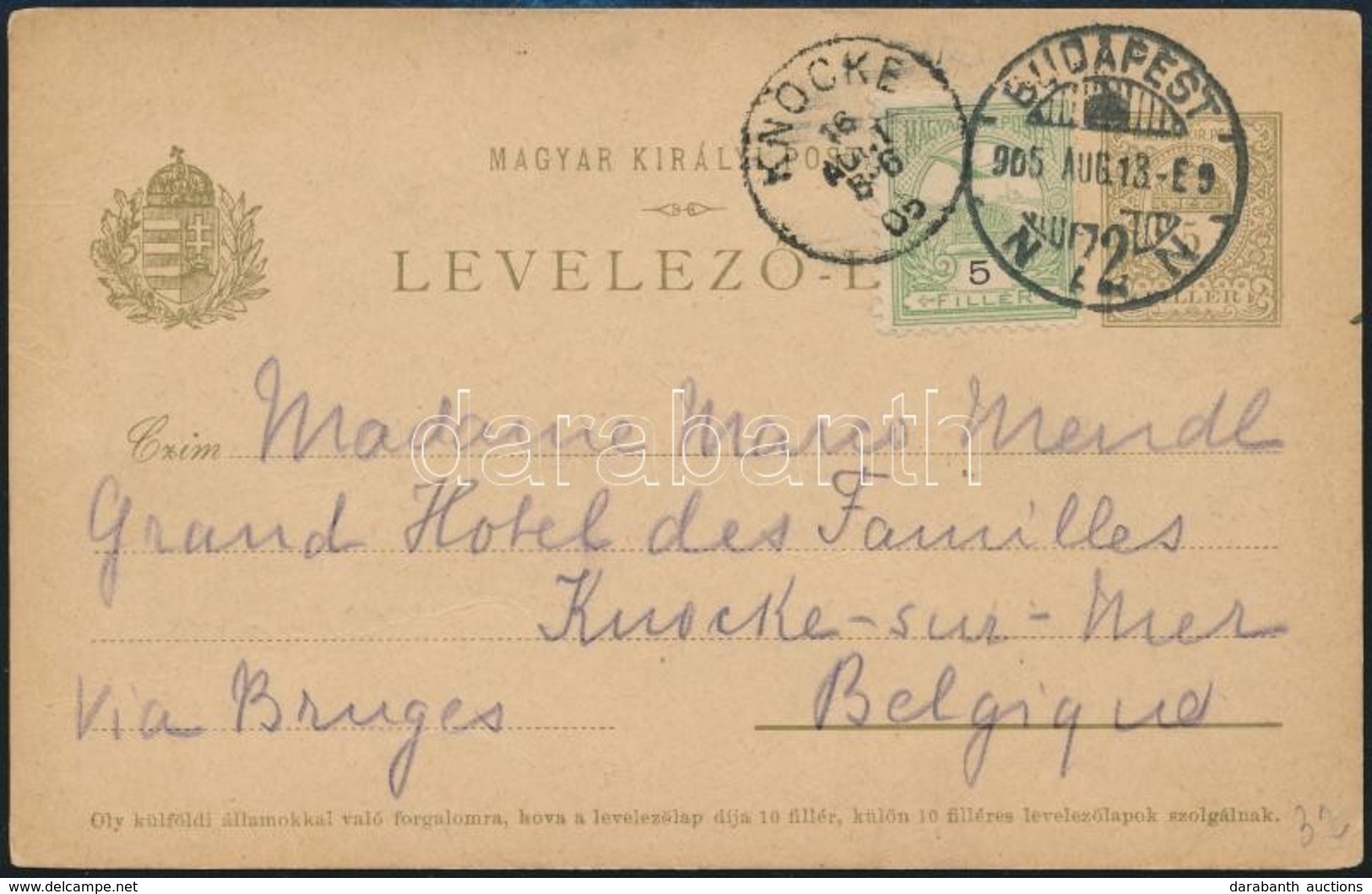 1905 Díjjegyes Levelezőlap 5f Kiegészítéssel Belgiumba / PS-card With 5f Additional Franking To Belgium - Sonstige & Ohne Zuordnung