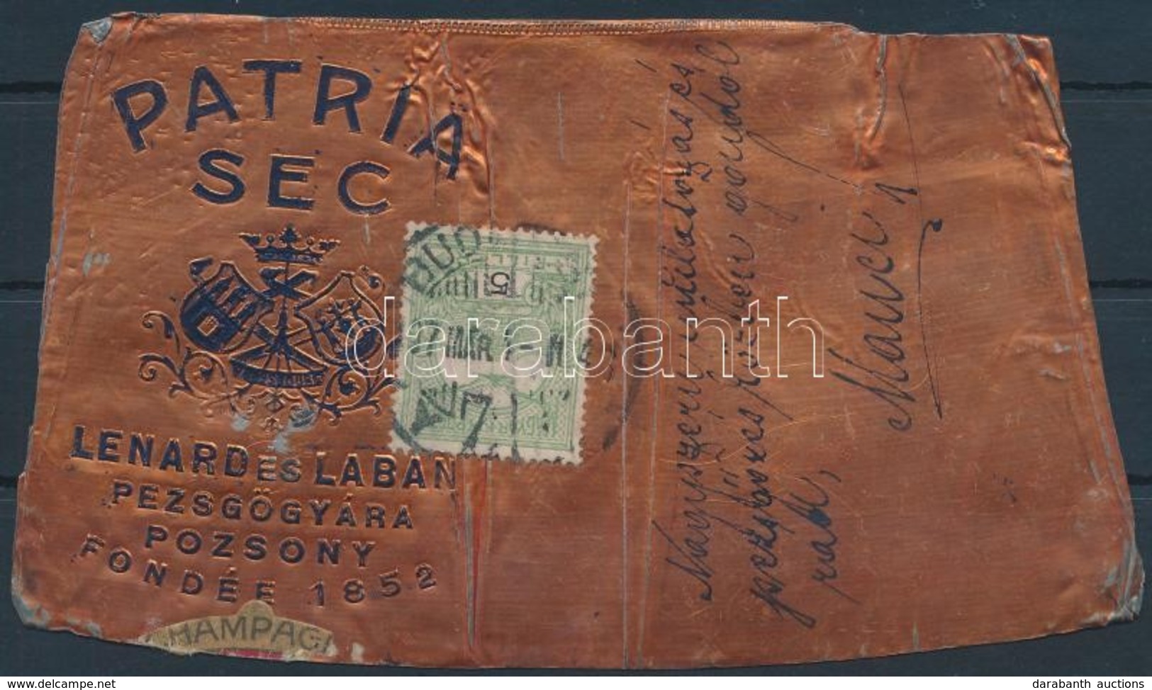 1907 Pezsgősüveg Alumínium Zárófóliájából Készített Helyi Levelezőlap Turul 5f Bérmentesítéssel / Postcard Made Of Alumi - Sonstige & Ohne Zuordnung