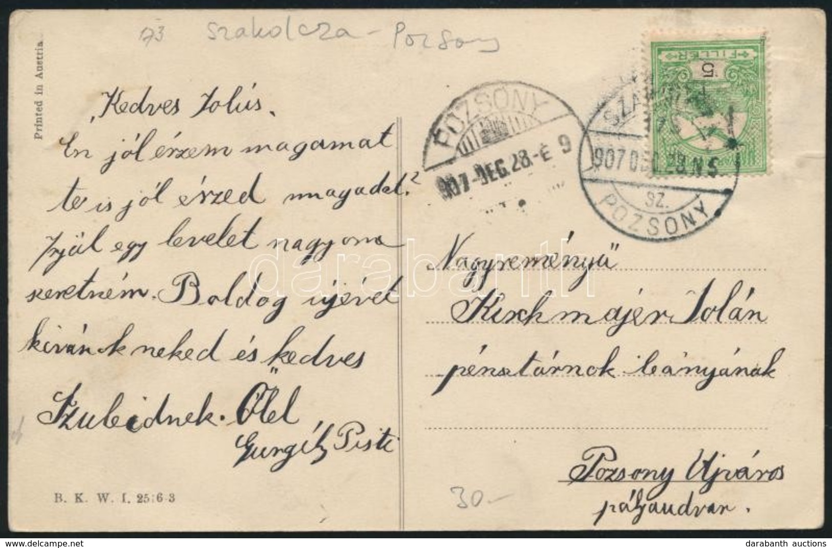 1907 Képeslap SZAKOLCZA-POZSONY 175.SZ. Vasúti Bélyegzéssel / Postcard With Railway Postmark - Autres & Non Classés