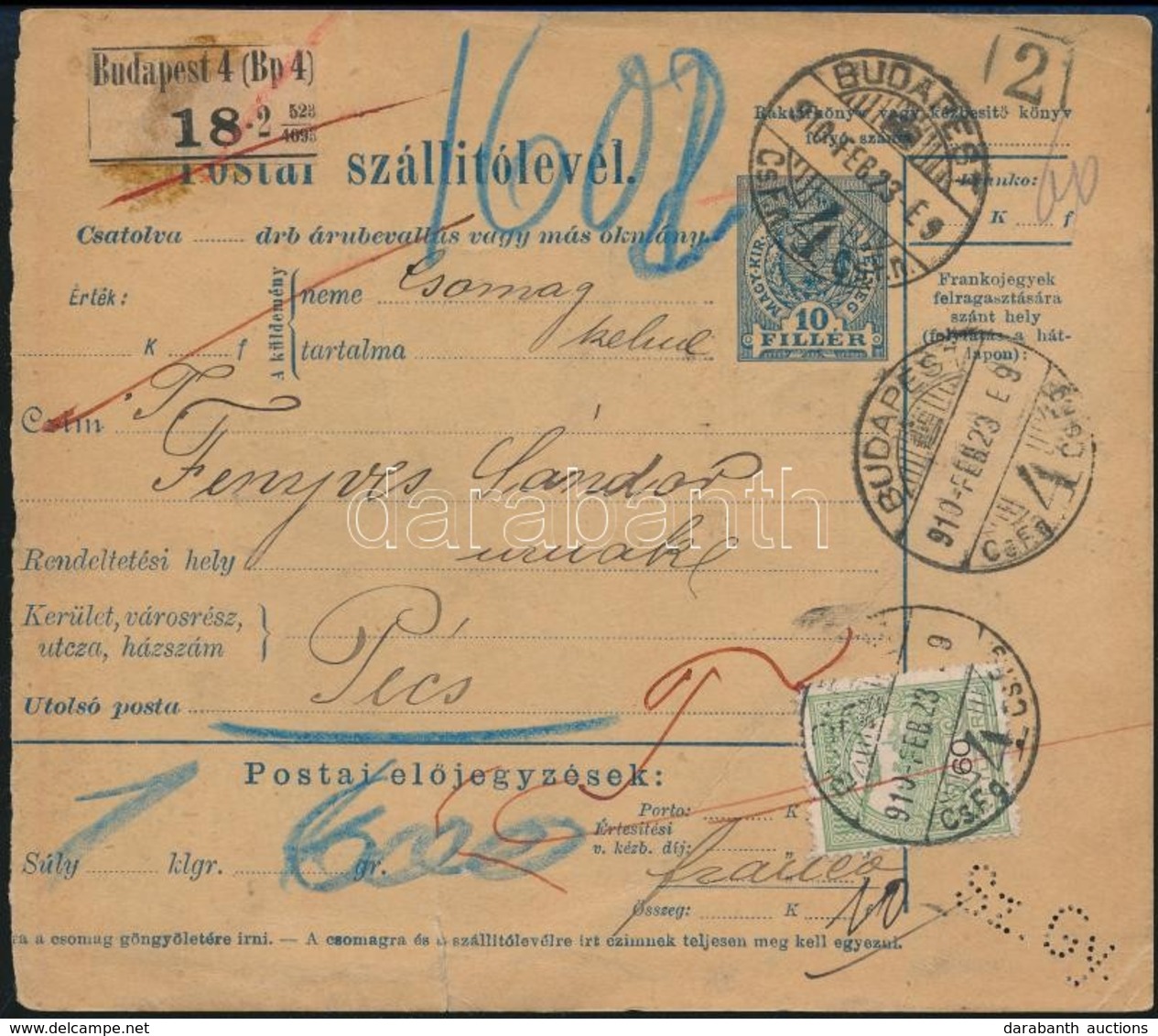 1910 Szállítólevél Sz.Gy. Céglyukasztással és 60f Kiegészítéssel / Parcel Card With Perfin - Sonstige & Ohne Zuordnung