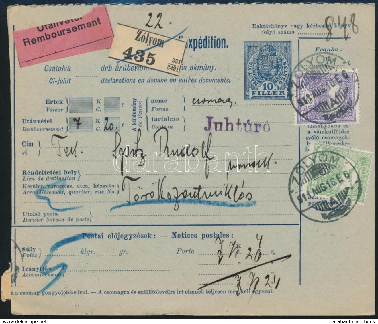 1911 Utánvételes Csomagszállító 72f Bérmentesítéssel / COD Parcel Card 'ZÓLYOM' - Sonstige & Ohne Zuordnung