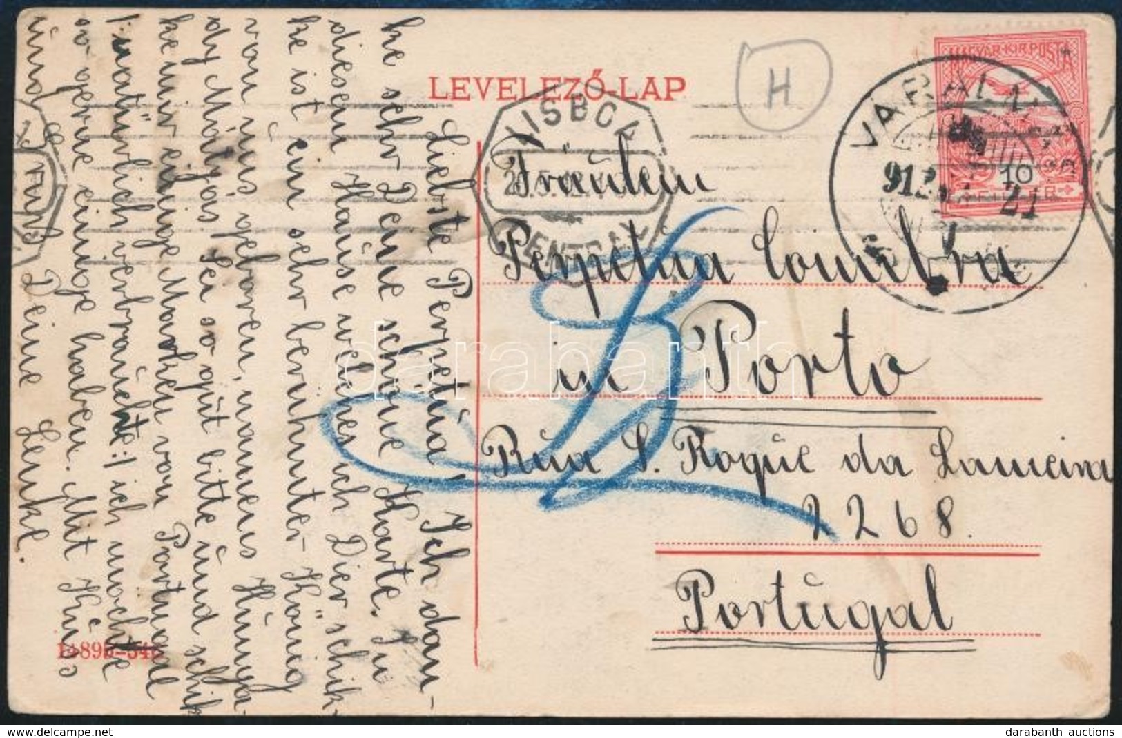 1912 Képeslap A Portugáliai Portóba 'LISBOA CENTRAL' átmenő Bélyegzéssel / Postcard To Portugal 'VÁRALMÁS' - Autres & Non Classés