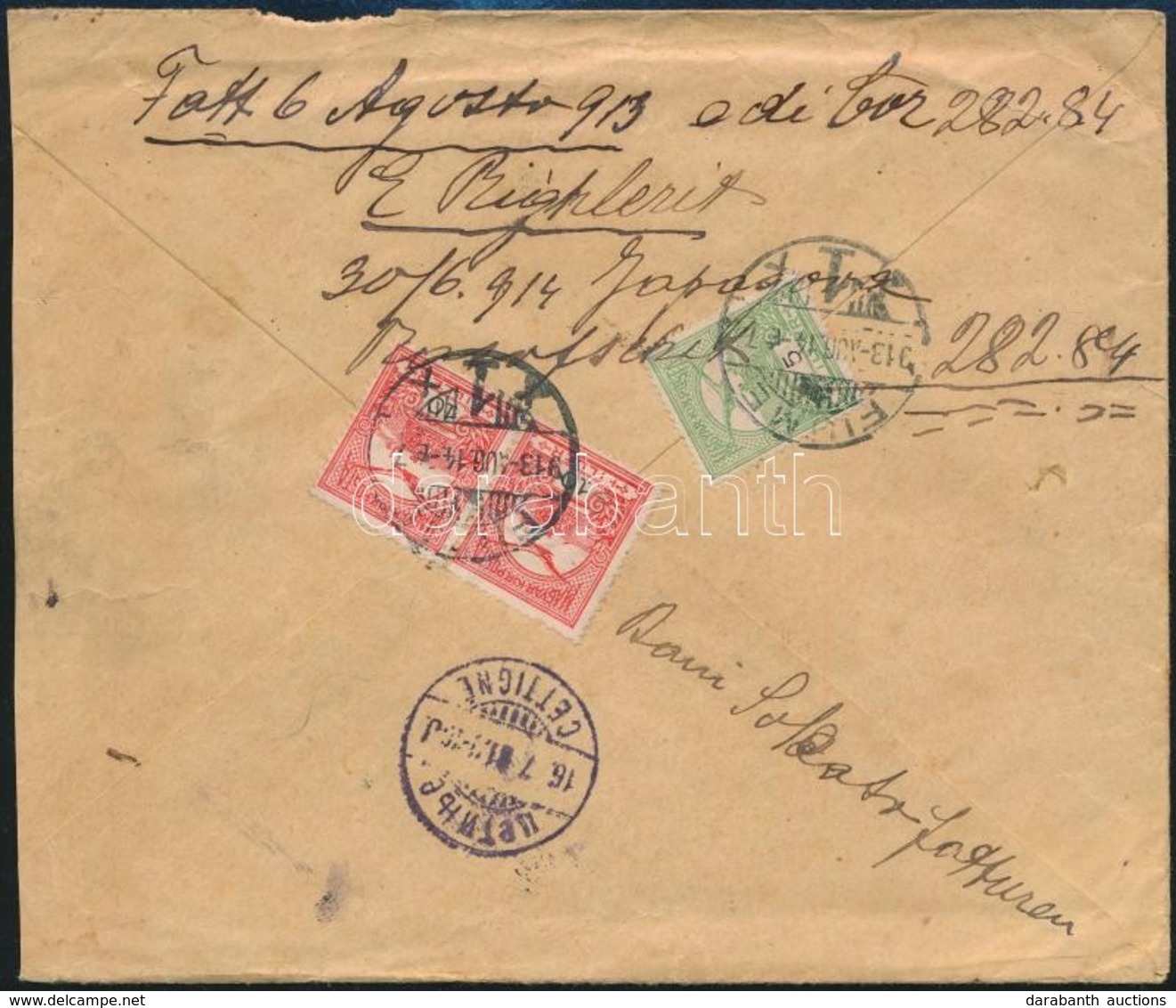 1913 Levél Fiuméből Scutariba Turul 5f + 2 X 10f Bérmentesítéssel, 'CETINJE' átmenő Bélyegzéssel.  / Cover To Scutari Wi - Autres & Non Classés