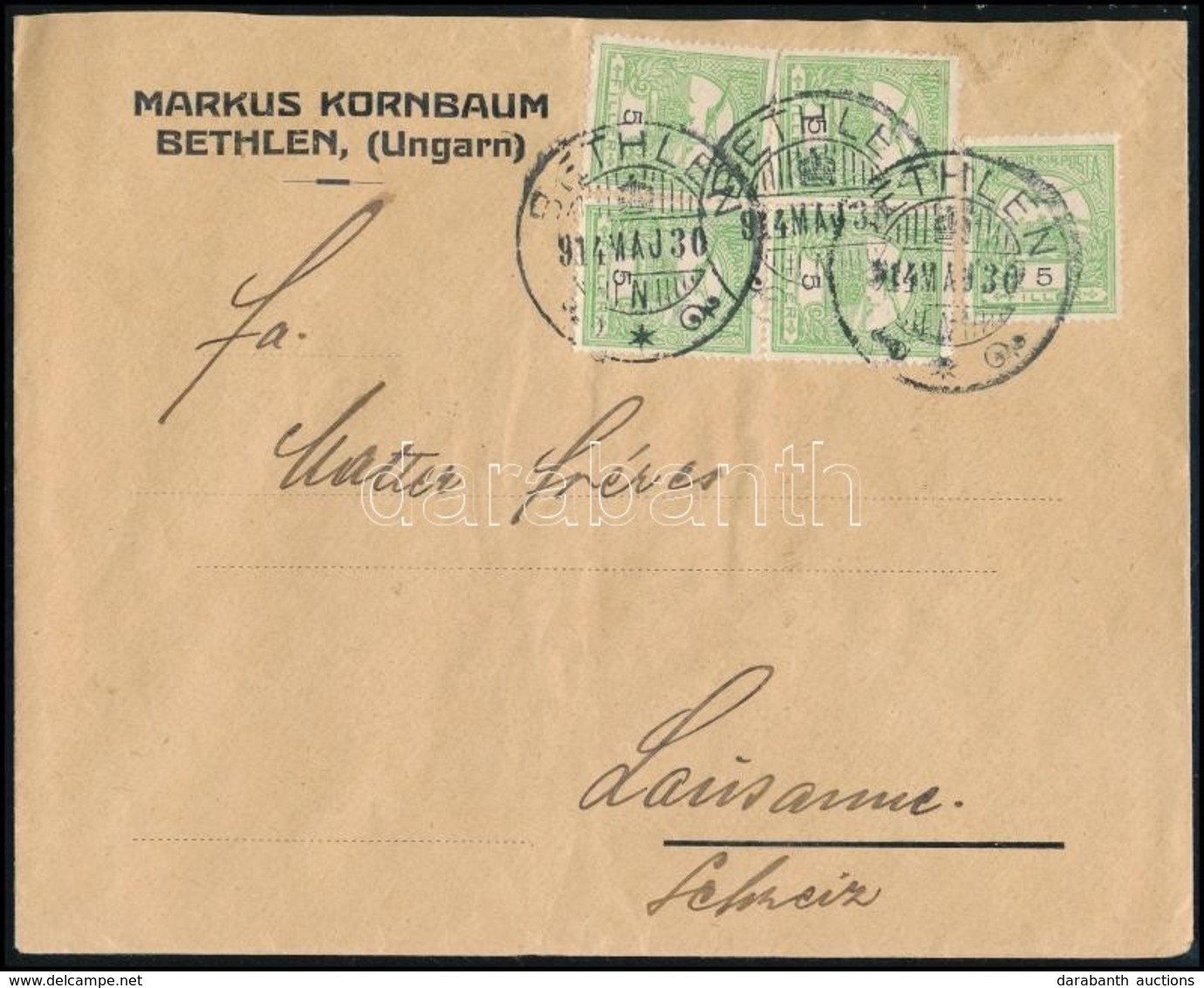 1914 Levél Turul 5 X 5f Bérmentesítéssel / Cover With 25f Franking 'BETHLEN' - 'LAUSANNE' - Sonstige & Ohne Zuordnung