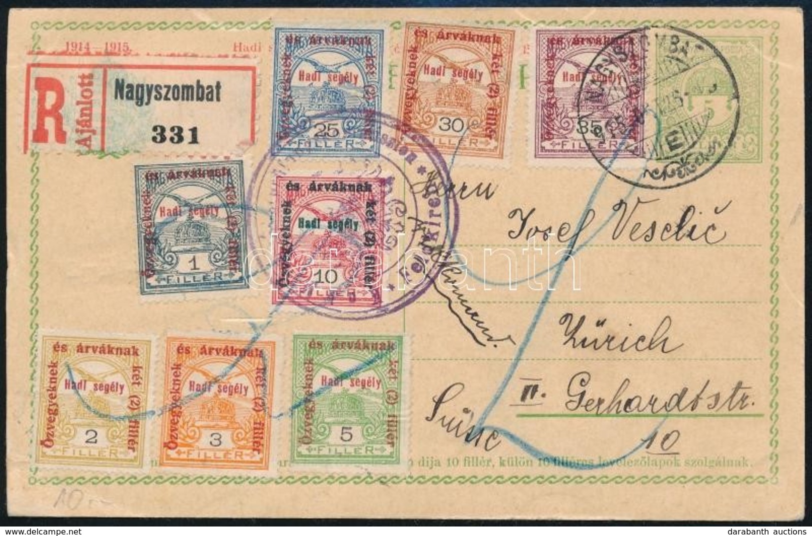 1915 Ajánlott Díjjegyes Levelezőlap Hadisegély Bélyegekkel Kiegészítve Svájcba, Feldkirchi Cenzúrával / Registered, Cens - Sonstige & Ohne Zuordnung