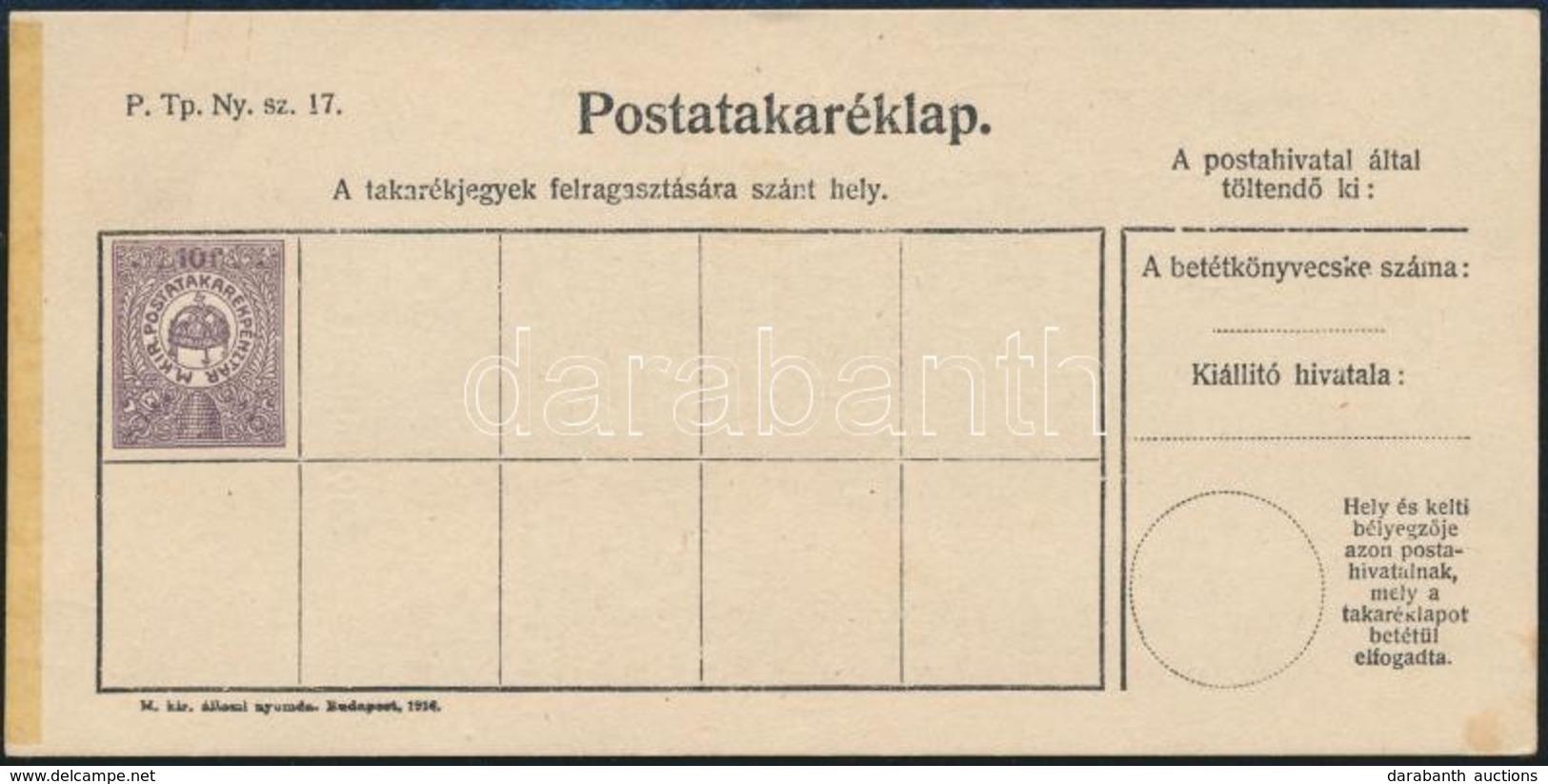 1916 10f Díjjegyes Postatakaréklap, Használatlan / PS-savings Card, Unused - Sonstige & Ohne Zuordnung