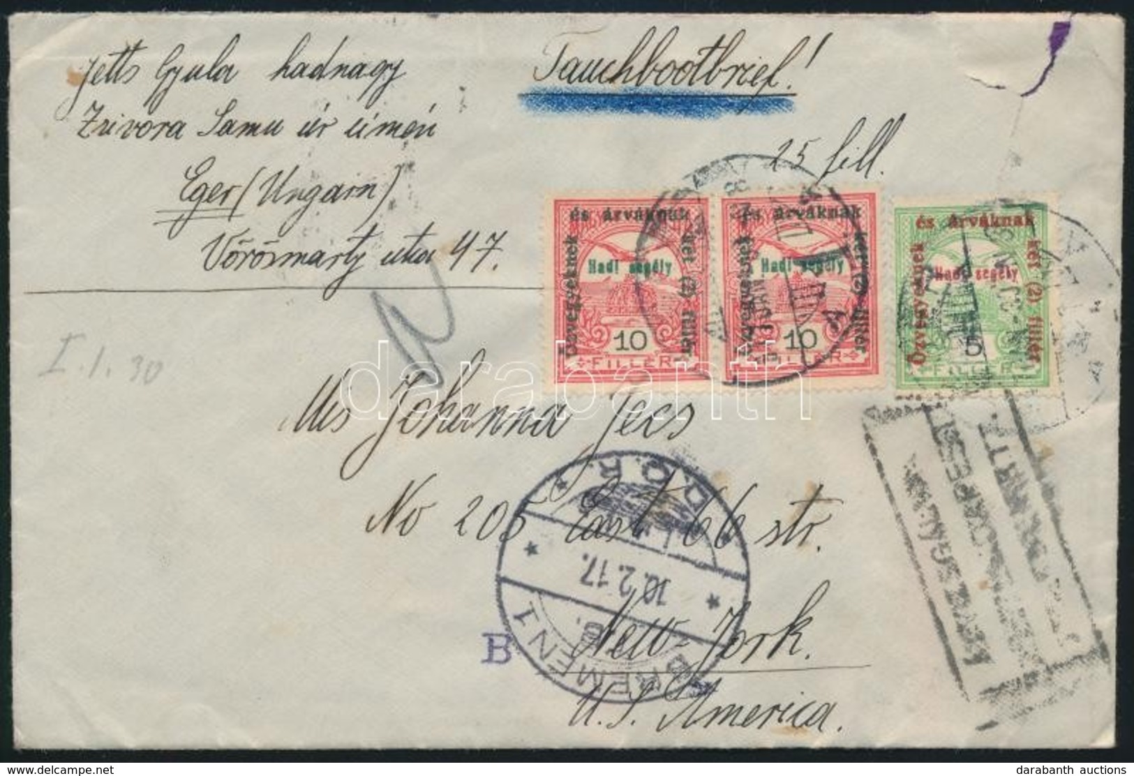 1917 Tengeralattjáró Posta Levél: Egerből Brémán Keresztül New Yorkba Címzett Cenzúrás Levél / Submarine Mail Censored C - Sonstige & Ohne Zuordnung