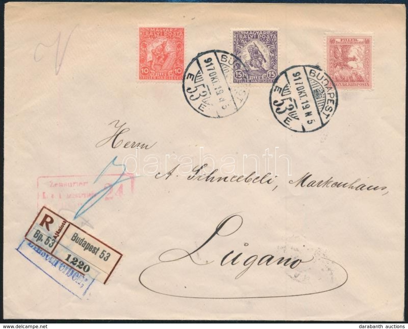 1917 Hadisegély Sor Ajánlott Levélen, Cenzúrázva / Registered Cover To Lugano, Censored - Sonstige & Ohne Zuordnung