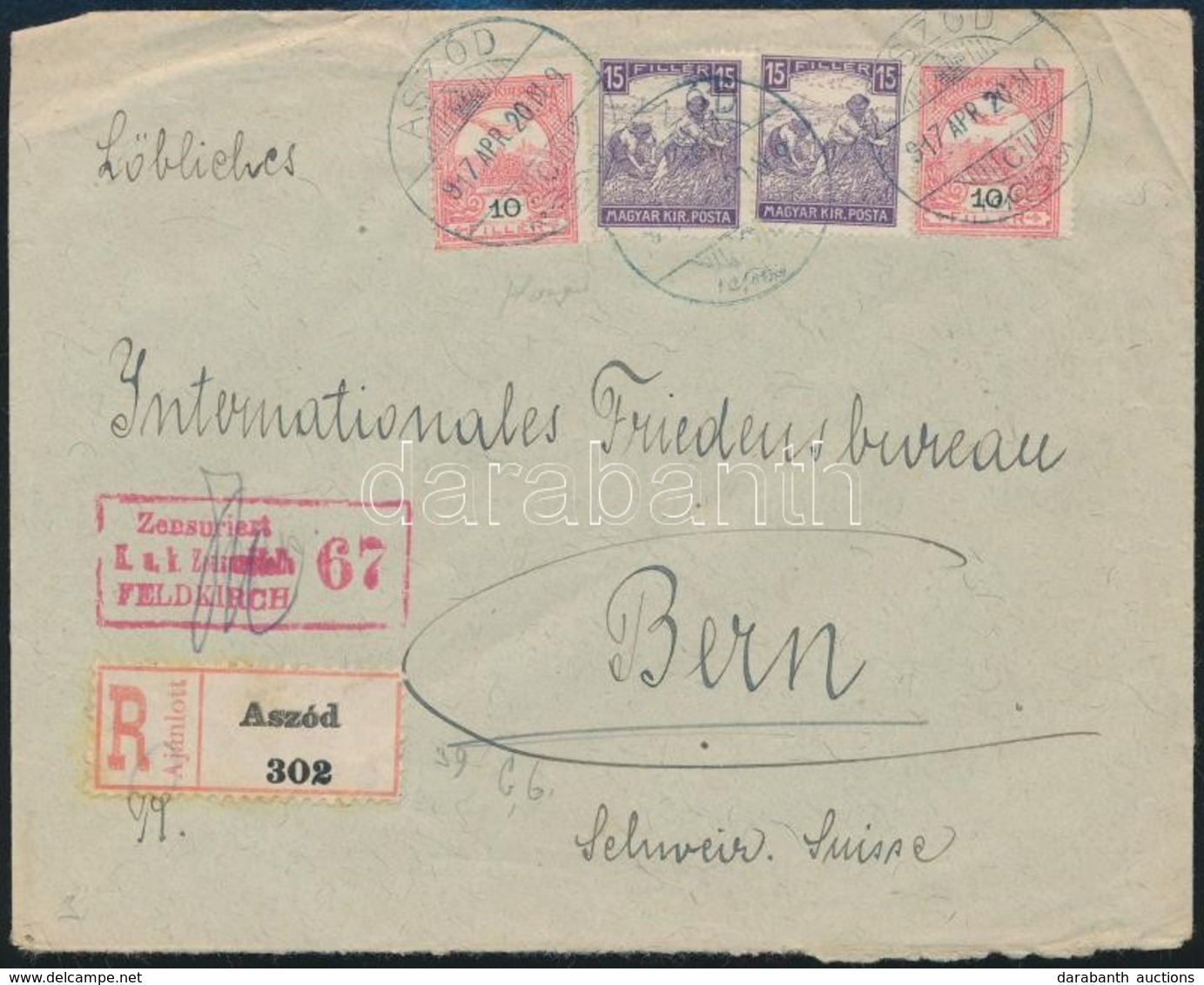 1917 Ajánlott, Cenzúrázott Levél Aszódról Svájcba / Registered, Censored Cover To Switzerland - Sonstige & Ohne Zuordnung
