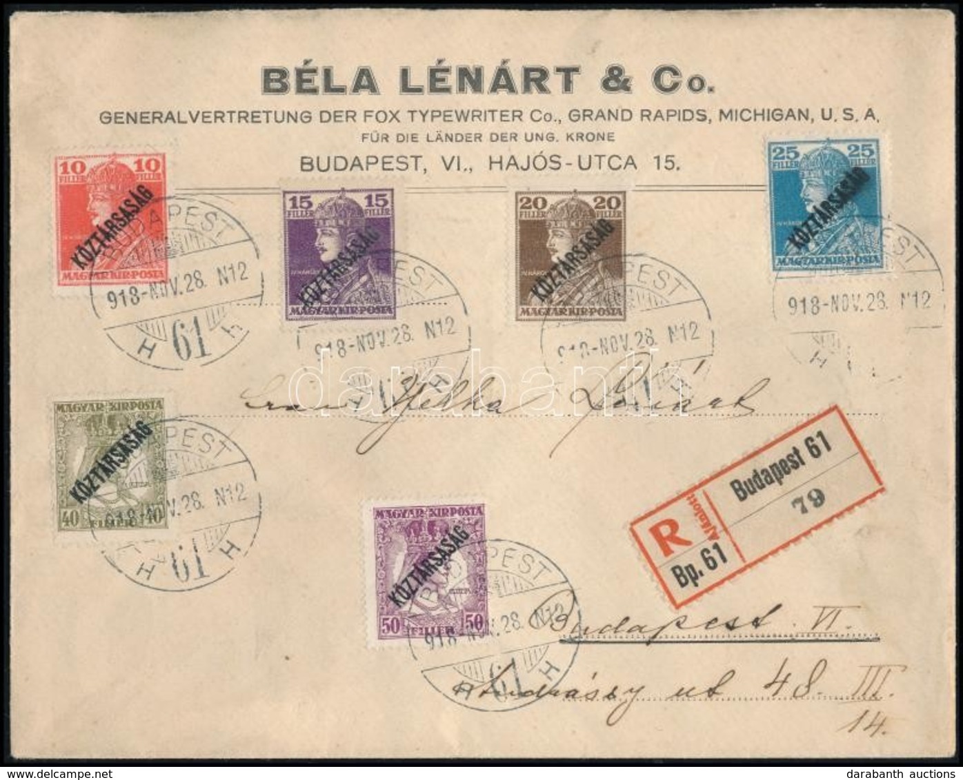 1918 Helyi Ajánlott Levél Károly-Zita/Köztársaság Sorral / Local Registered Cover - Sonstige & Ohne Zuordnung