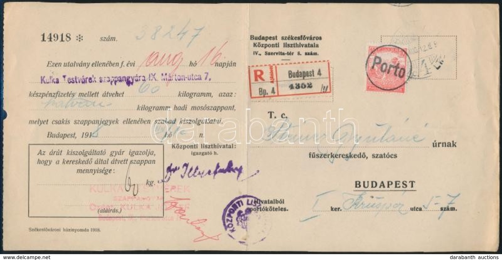 1918 Ajánlott Utalványlap Szükségportóval / Registered Purchase Licence For Soap With Auxiliary Postage Due - Sonstige & Ohne Zuordnung