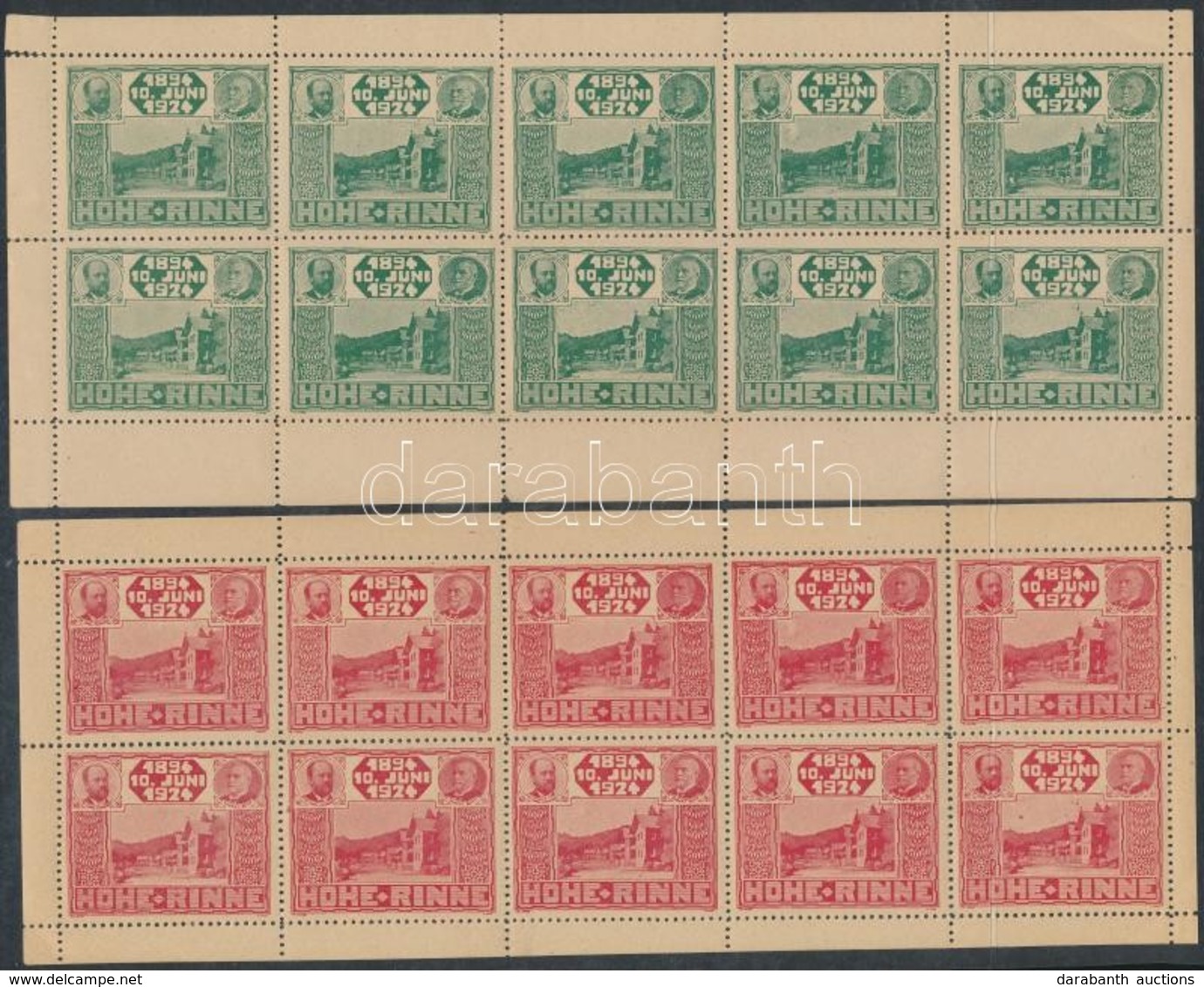** Hohe Rinne 1924 Fogazott Piros és Zöld 10-es Kisív. (200.000) / Red And Green Minisheets Of 10 - Autres & Non Classés