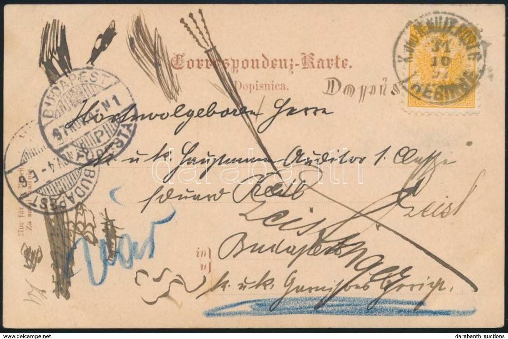 1897 Képes Levelezőlap Budapestre, Majd Továbbküldve / Postcard 'M.P. TREBINJE' To Budapest, Redirected - Sonstige & Ohne Zuordnung