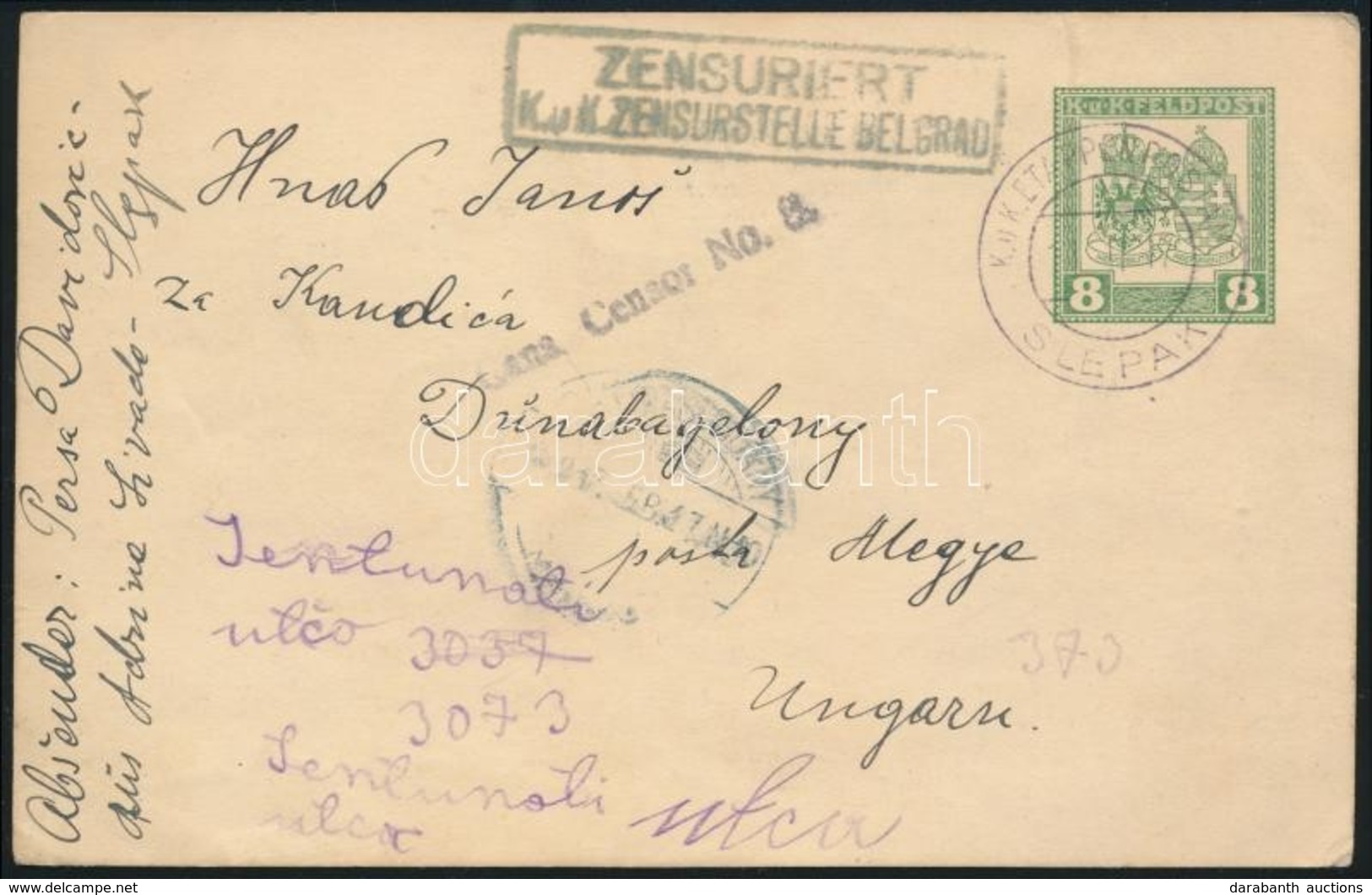 1917 Díjjegyes Levelezőlap, Belgrád Cenzúrával / Censored PS-card 'EP SLEPAK' - Dunabogdány - Autres & Non Classés
