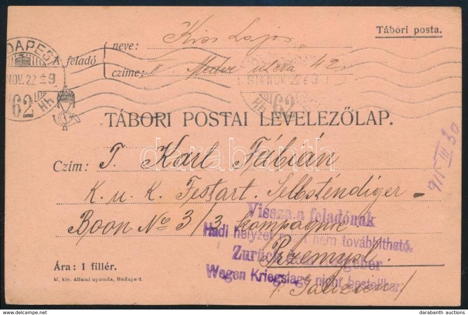 1914 Tábori Posta Levelezőlap Przemyslbe Küldve / Field Postcard 'Hadi Helyzet Miatt Nem Továbbítható' - Sonstige & Ohne Zuordnung