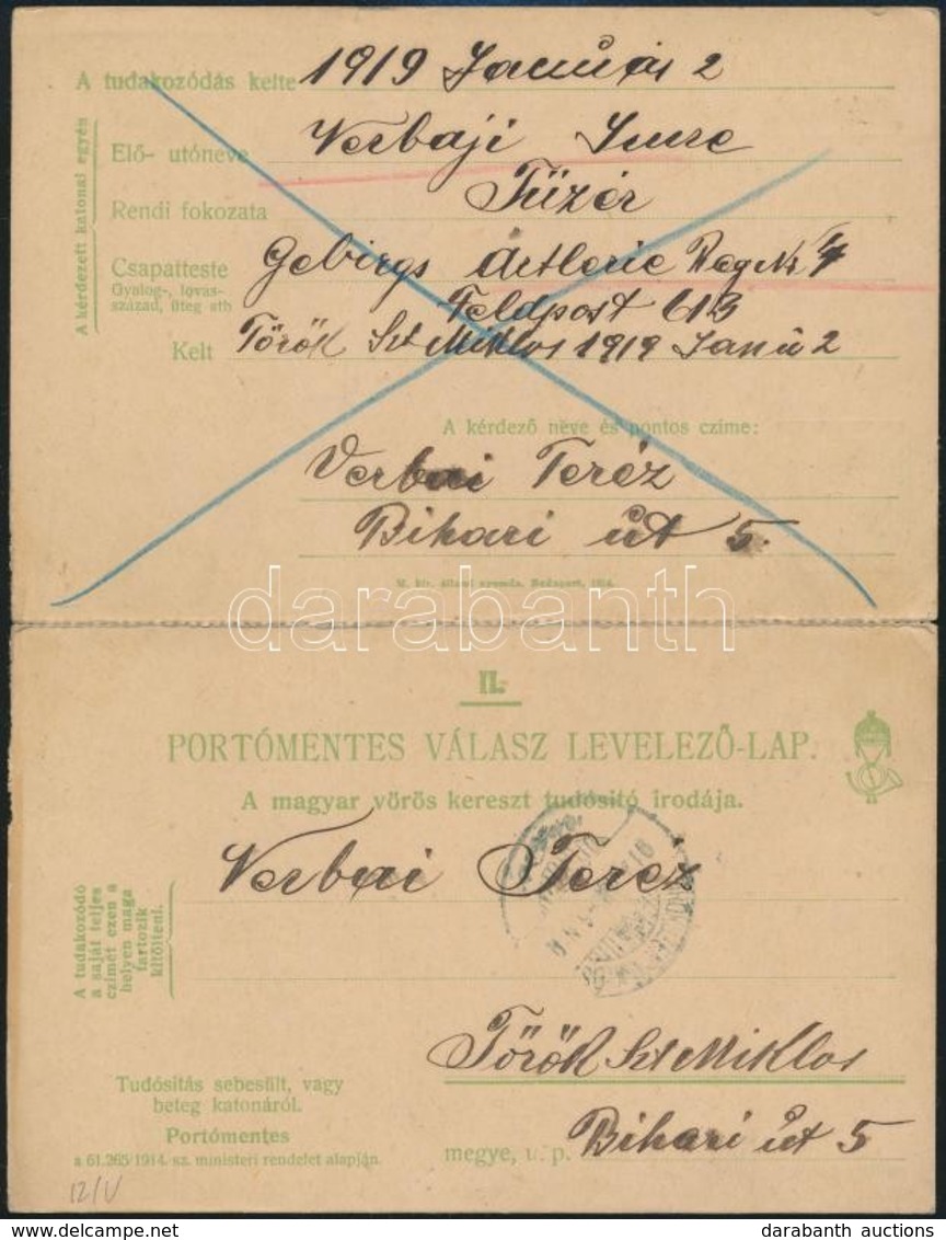 1914 Vöröskereszt Válaszos Tudakozó Lap, összefüggő Nyomtatvány / Red Cross Inquiry PS-card - Andere & Zonder Classificatie
