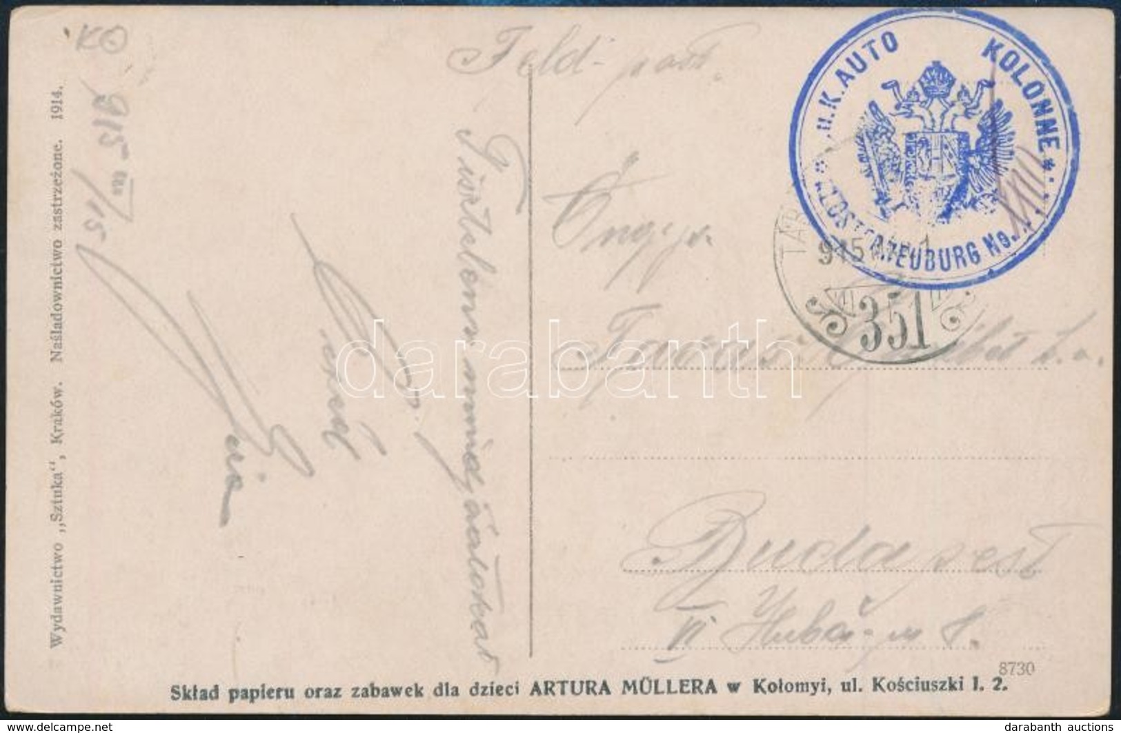 1915 Tábori Posta Képeslap / Field Postcard 'K.u.k. AUTO KOLONNE KLOSTERNEUBURG' + 'TP 351' - Andere & Zonder Classificatie