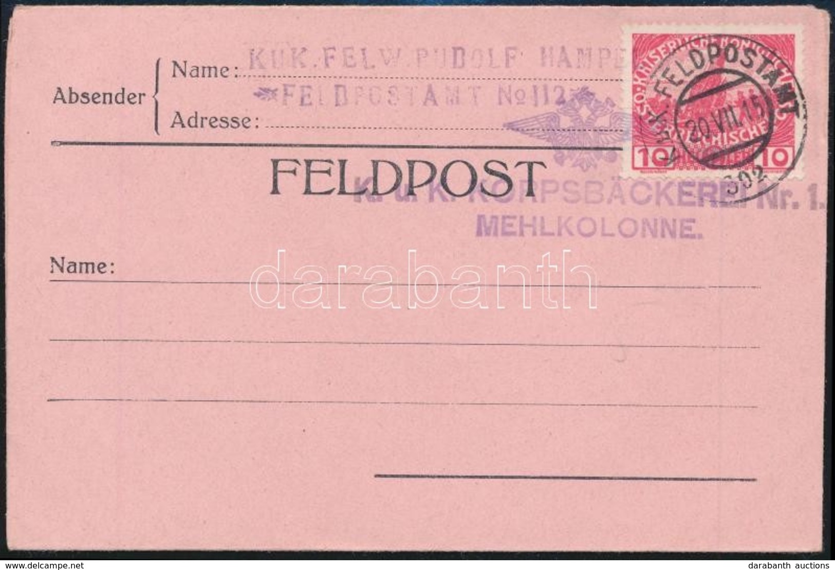 1915 Megíratlan Tábori Posta Levél / Field Post Cover 'K.U.K. KORPSBÄCKEREI Nr.1. MEHLKOLONNE' + 'FP 302' - Autres & Non Classés
