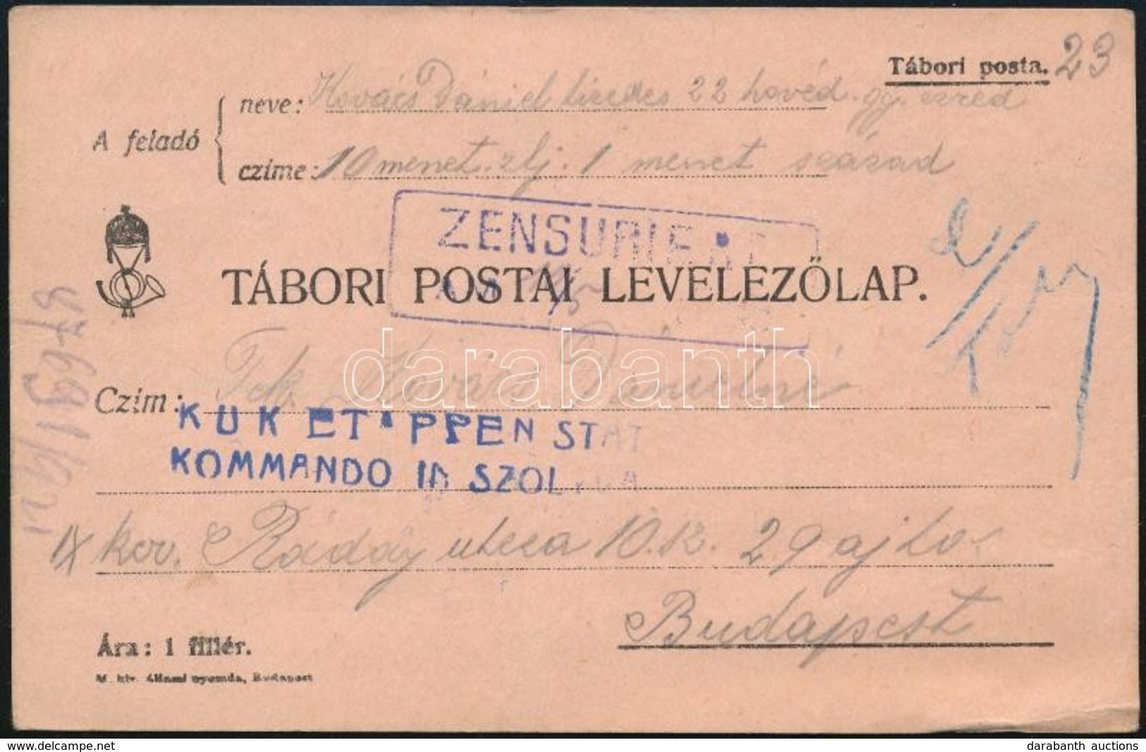 1915 Tábori Posta Levelezőlap / Field Postcard 'K.U.K. ETAPPEN STAT KOMMANDO IN SZOLYVA' - Autres & Non Classés