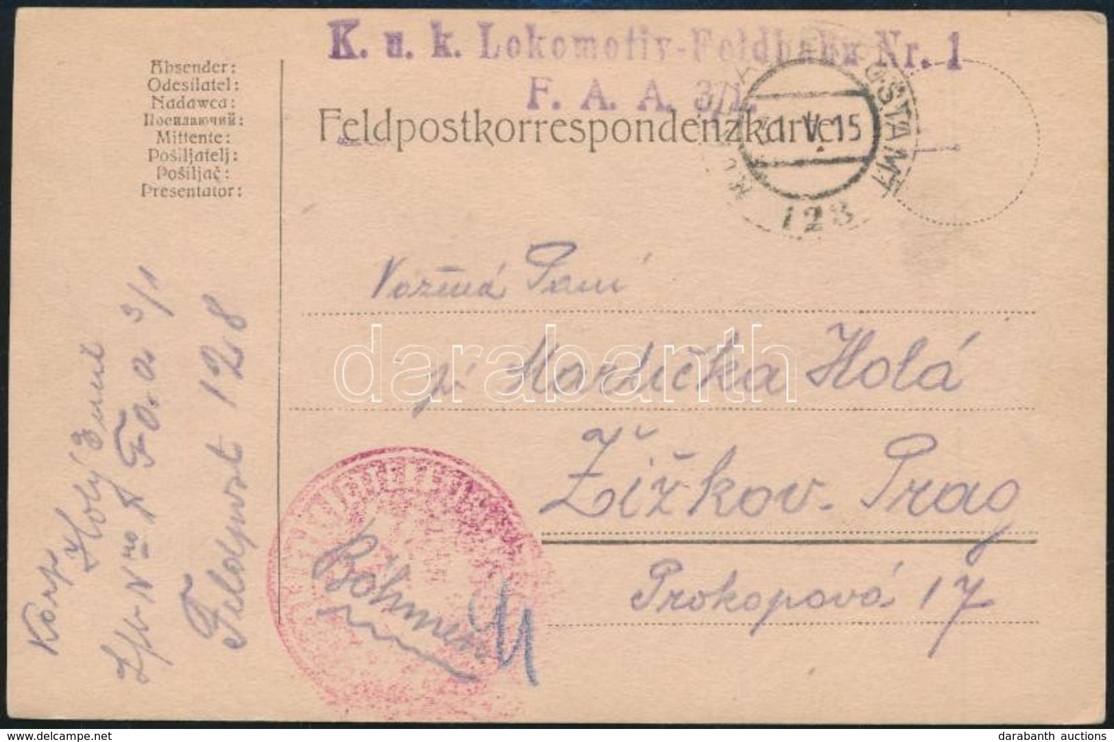 1915 Tábori Posta Levelezőlap Piros, Negatív Vasúti Alakulat Bélyegzéssel / Field Postcard With Red Negative Cancellatio - Andere & Zonder Classificatie