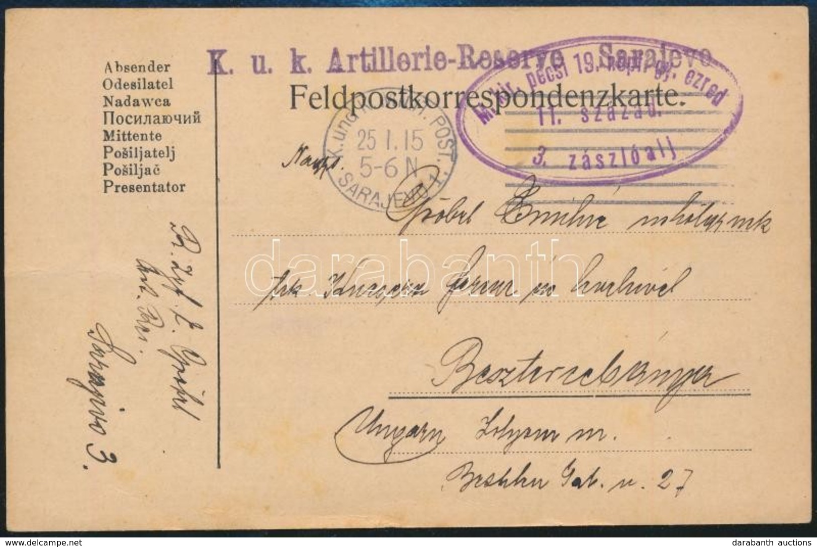 1915 Tábori Posta Levelezőlap / Field Postcard 'K.u.k. Artillerie-Reserve Sarajevo' - Other & Unclassified