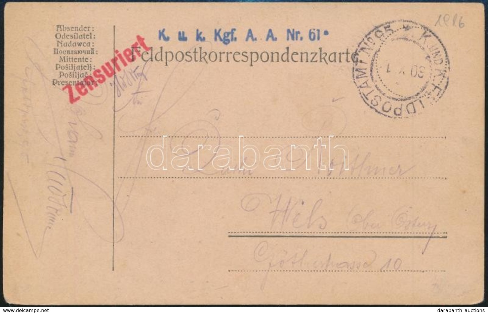 1916 Tábori Posta Levelezőlap / Field Postcard 'K.u.k. Kgf. A.A. Nr.61' + 'FP 95' - Andere & Zonder Classificatie