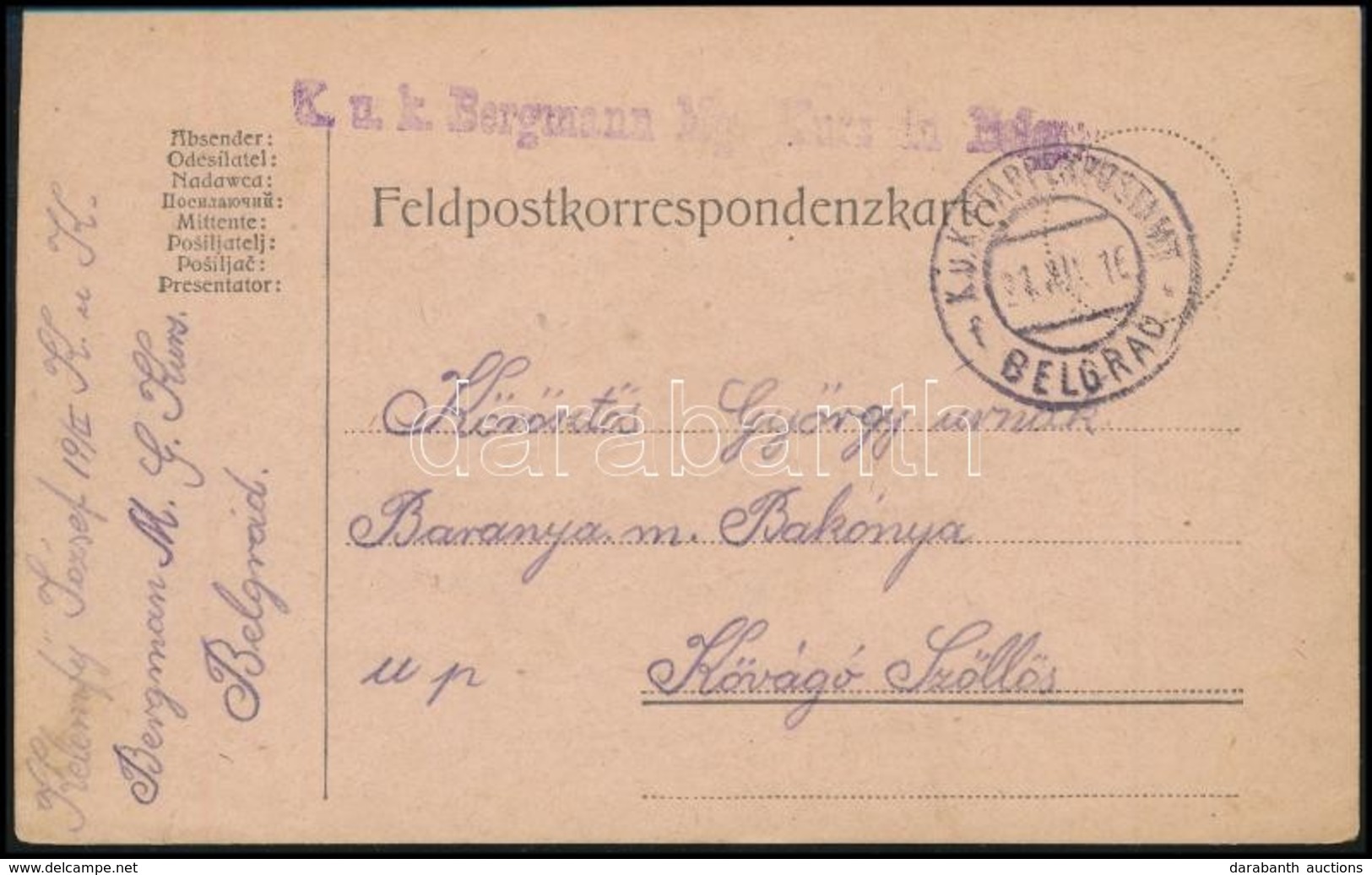 1916 Tábori Posta Képeslap / Field Postcard 'K.u.k. Bergmann Mg. Kurs In Belgrad' + 'EP BELGRAD F' - Andere & Zonder Classificatie