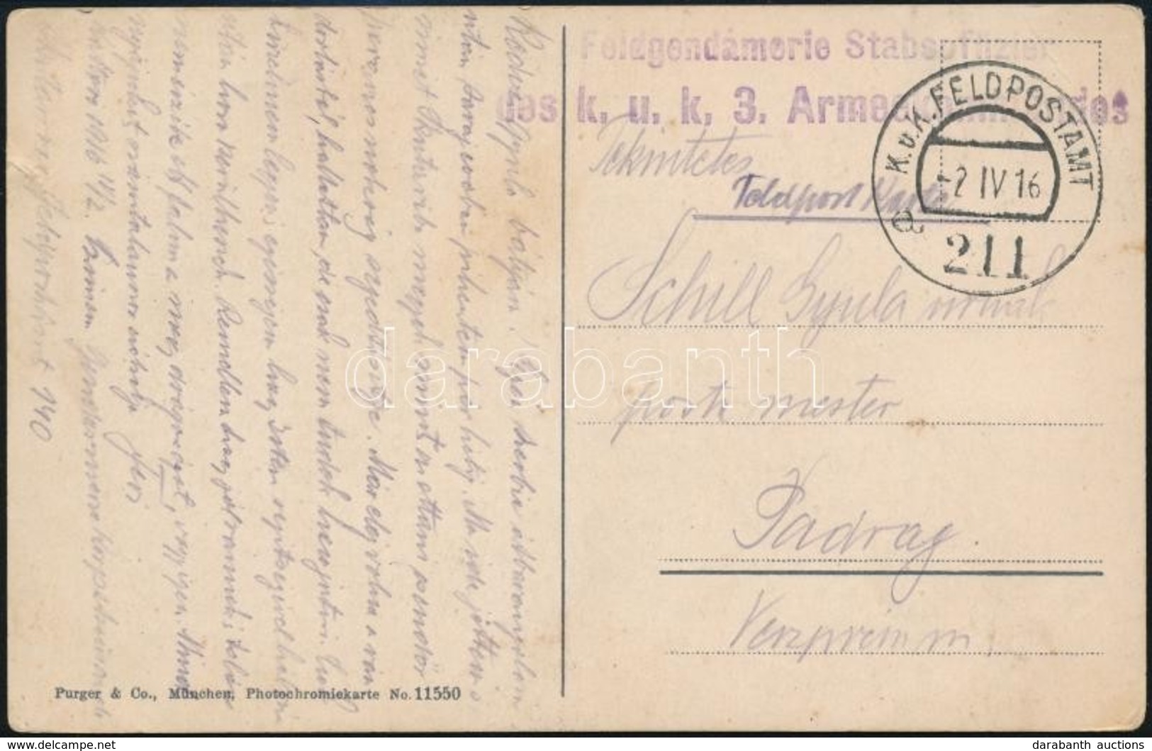 1916 Tábori Posta Képeslap / Field Postcard 'Feldgendamerie Stabsoffizier Des K.u.k. 3. Armeekommandos' + 'FP 211 A' - Autres & Non Classés