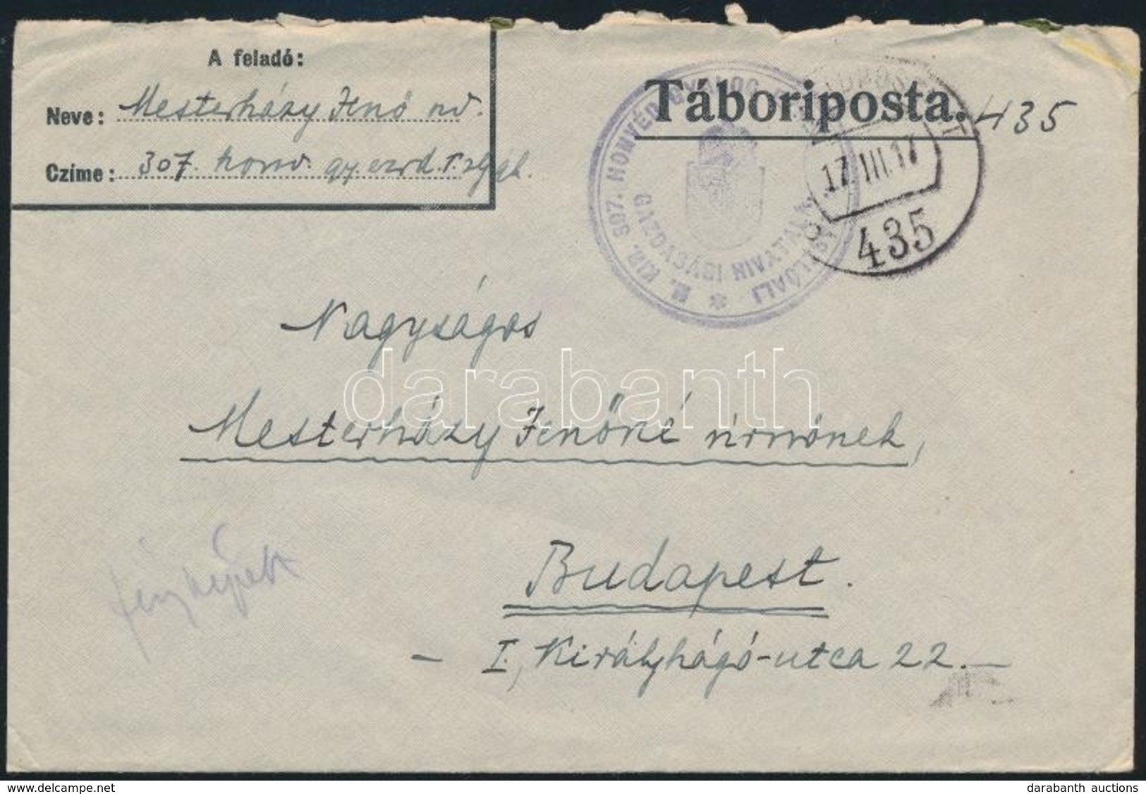 1917 Tábori Posta Boríték / Field Post Cover 'M.KIR. 307. HONVÉD GYALOG EZRED I. ZÁSZLÓALJ GAZDASÁGI HIVATALA' + 'FP 435 - Andere & Zonder Classificatie