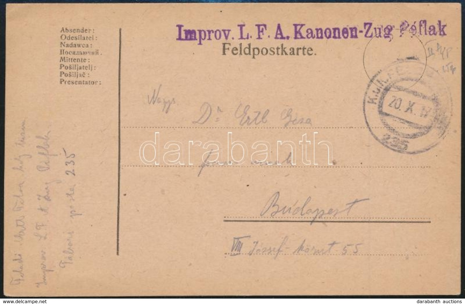 1917 Tábori Posta Levelezőlap / Field Postcard 'Improv. L.F.A. Kanonen-Zug Péflak' + 'FP 235' - Other & Unclassified