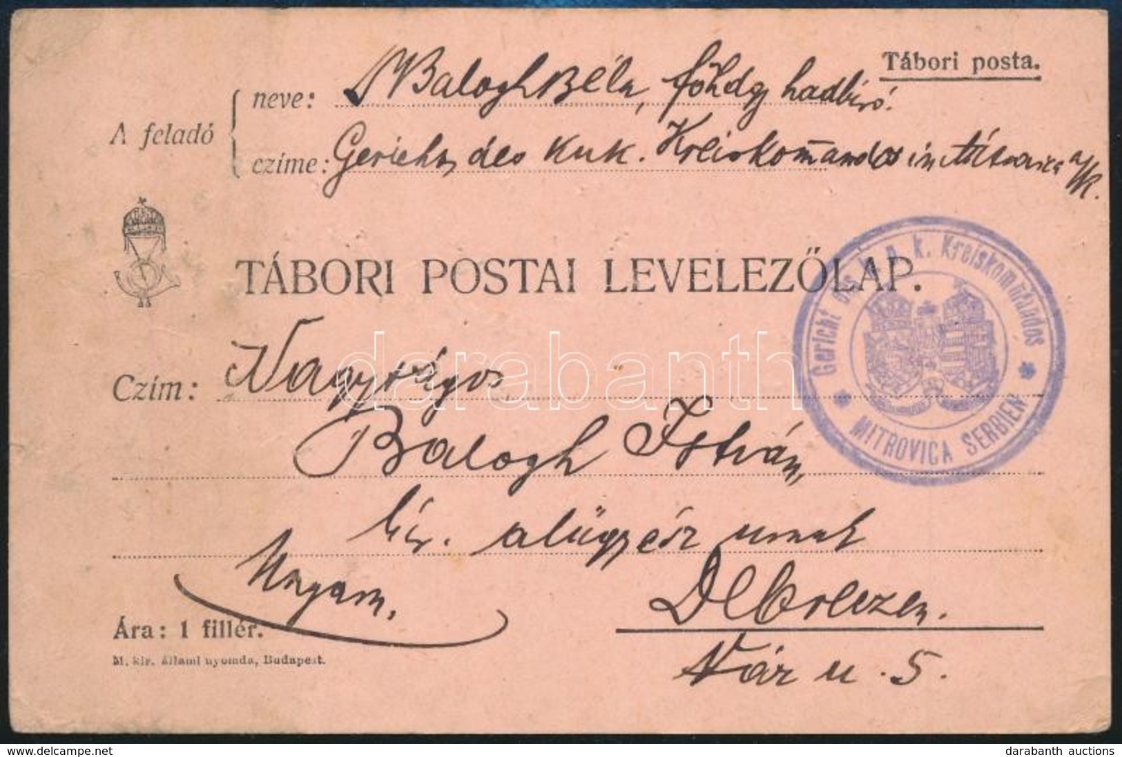 1917 Tábori Posta Levelezőlap Katonai Bíróságról Küldve / Field Postcard 'Gericht Des K.u.k. Kreiskommandos Mitrovica Se - Autres & Non Classés