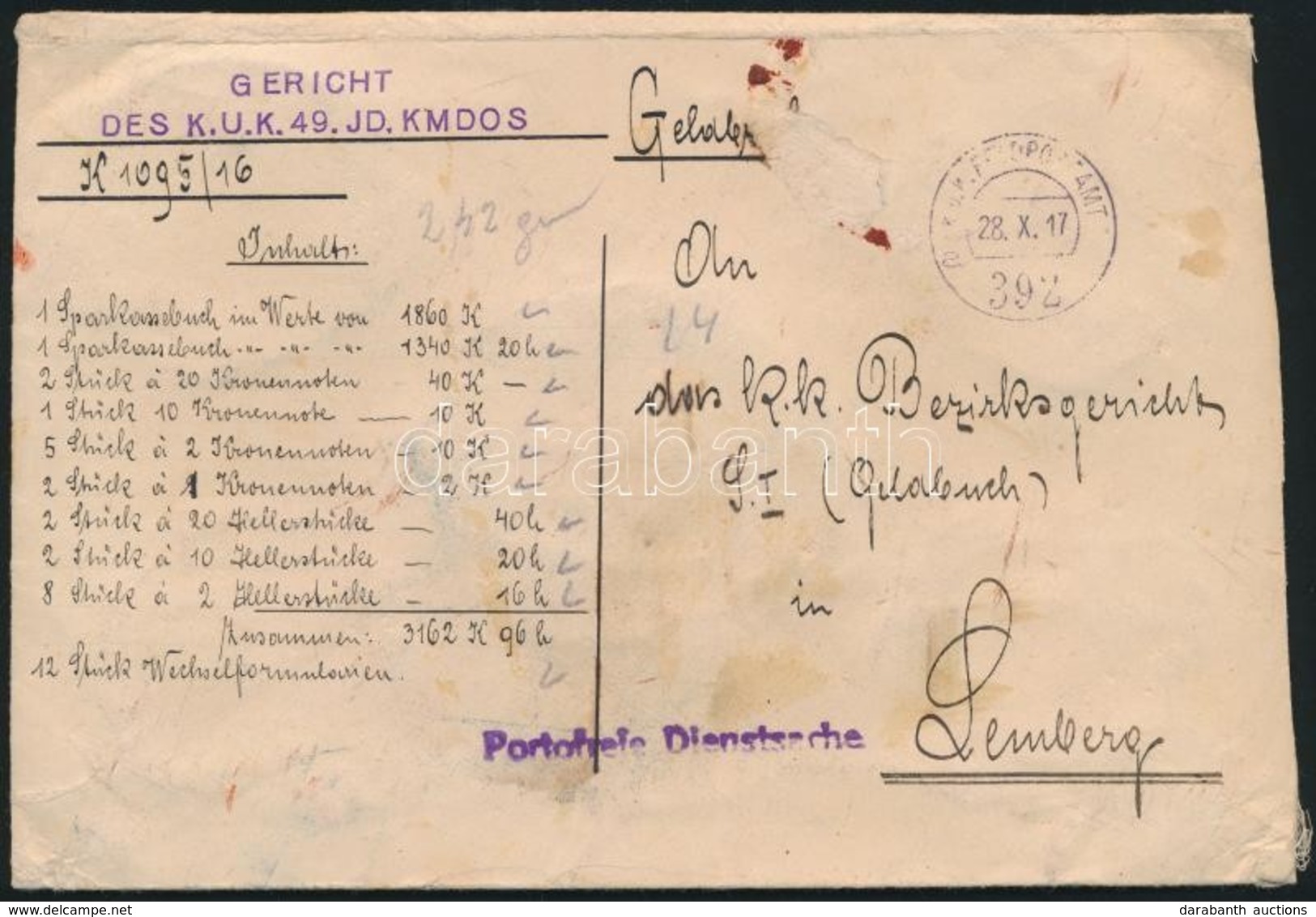 1917 Tábori Posta Pénzeslevél / Field Post Insured Cover 'FP 392 A' - Autres & Non Classés