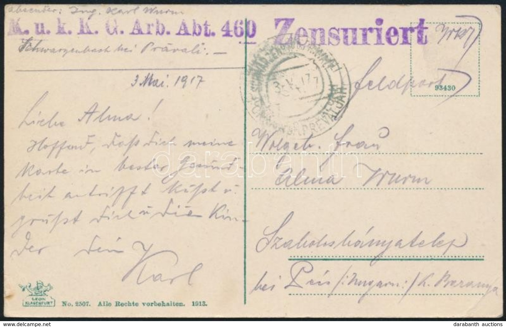 1917 Tábori Posta Képeslap / Field Postcard 'K.u.K. K.G. Arb. Abt. 460' - Autres & Non Classés