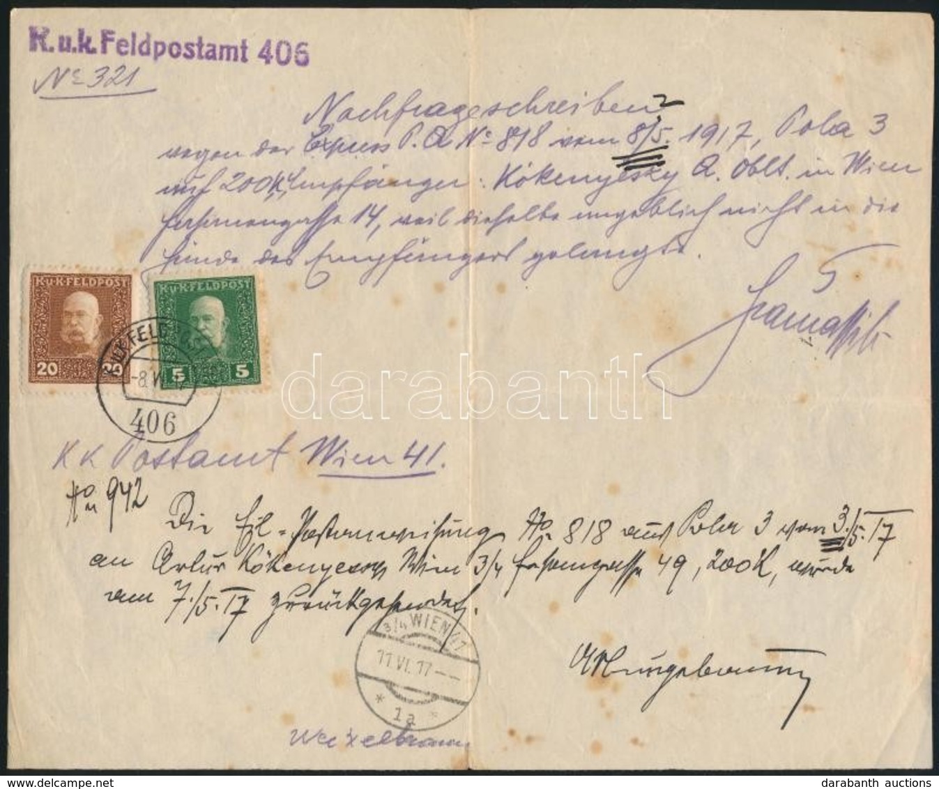 1917 Tudakozvány Bécsbe 5h + 20h Bélyeggel / Reclamation 'K.u.k. Feldpostamt 406' - Other & Unclassified