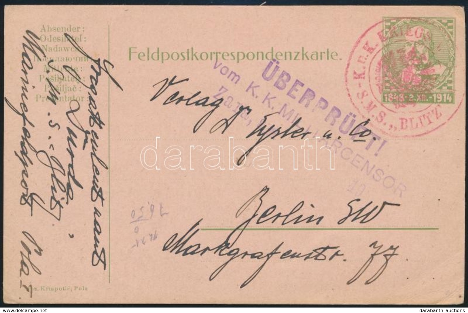 1915 Díjjegyes Tábori Posta Levelezőlap Berlinbe / Field PS-card 'S.M.S. BLITZ' - Autres & Non Classés