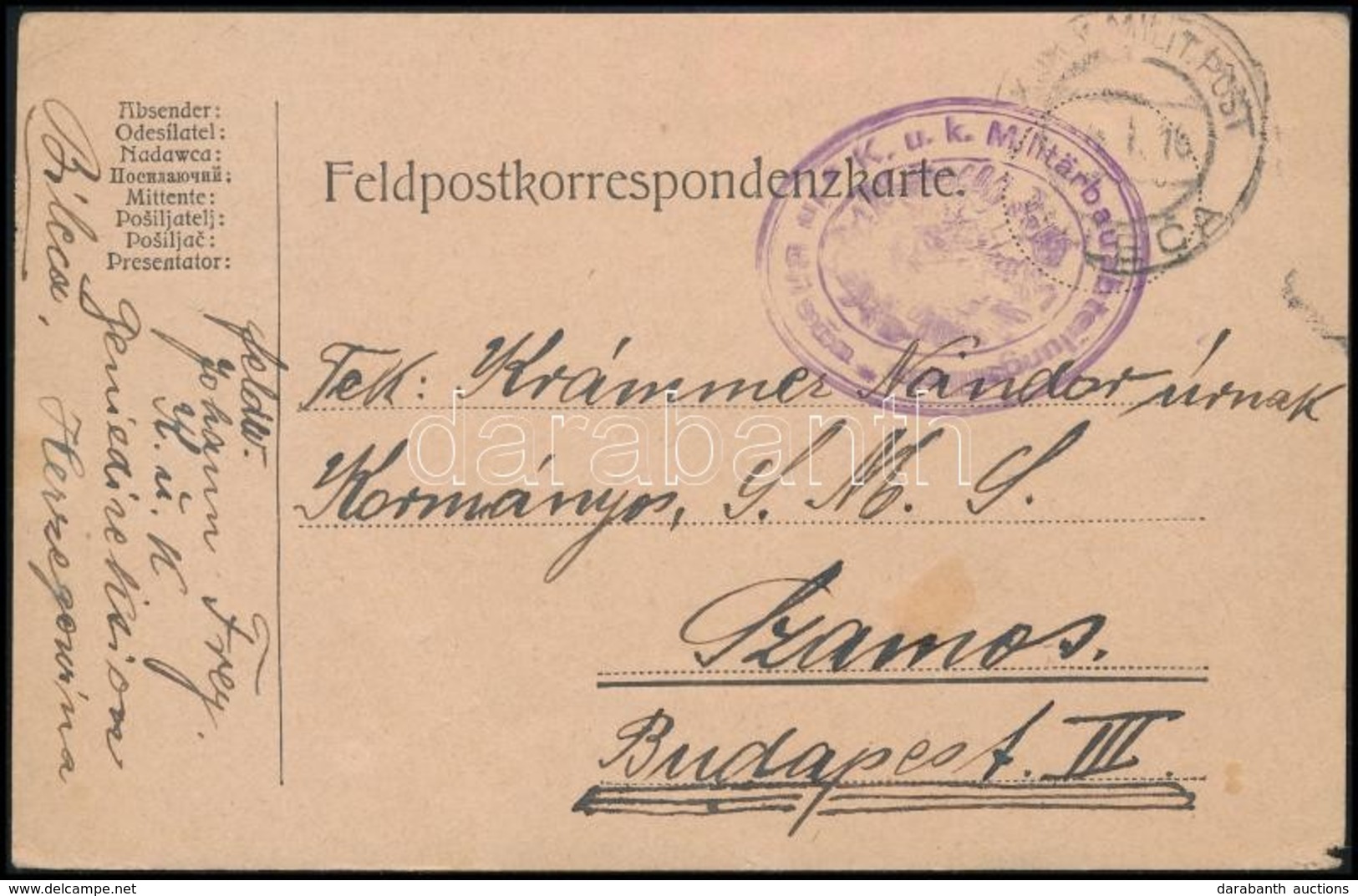 1916 Tábori Posta Levelezőlap A Szamos Hadihajóra Küldve / Field Postcard 'K.u.k. Militärbauabteilungsfiliale In Bileca' - Autres & Non Classés