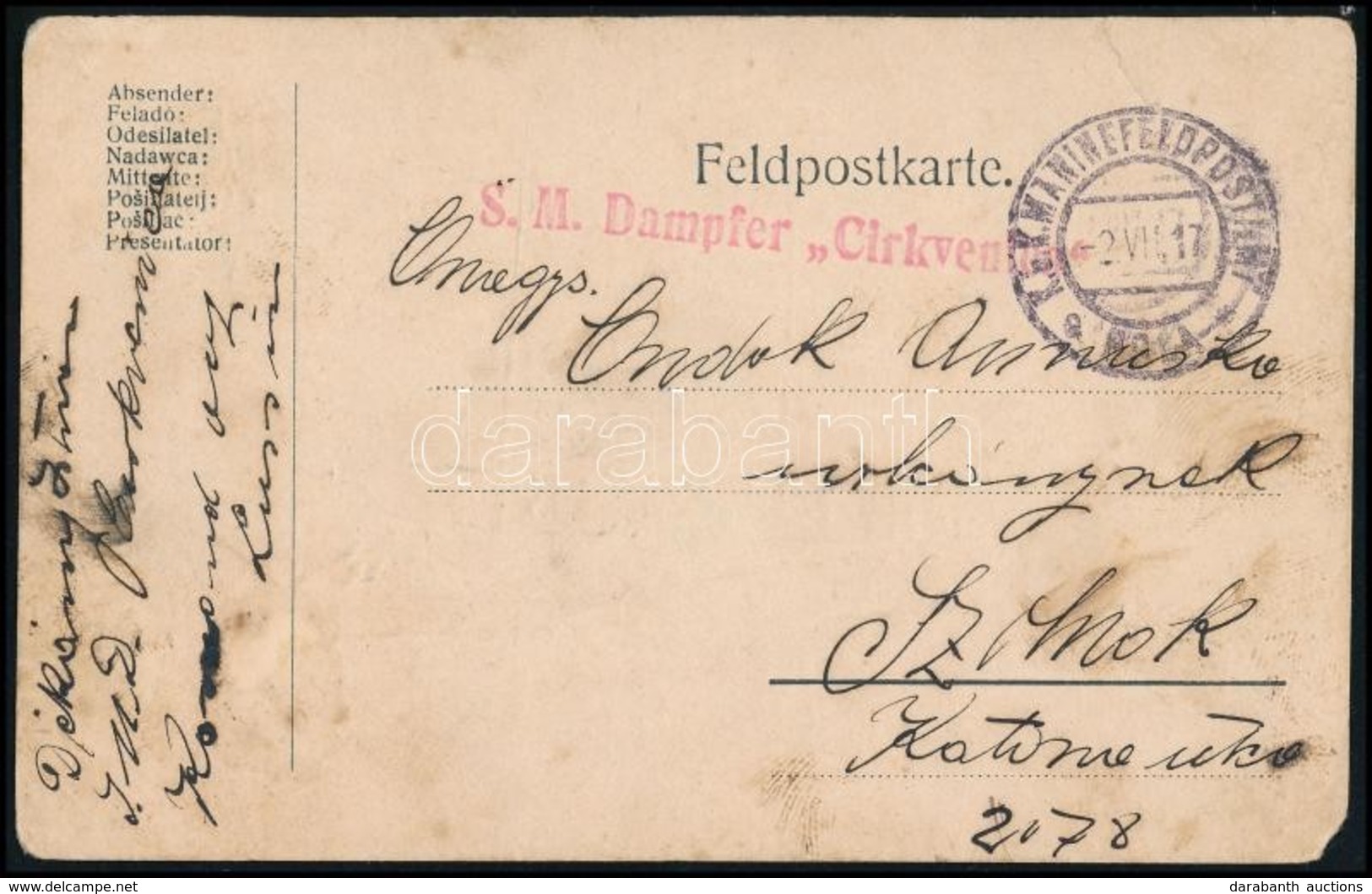 1917 Rajzos Tábori Képeslap Hajópostával / Field Postcard With Drawing 'S.M. Dampfer Cirkvenica' - Autres & Non Classés