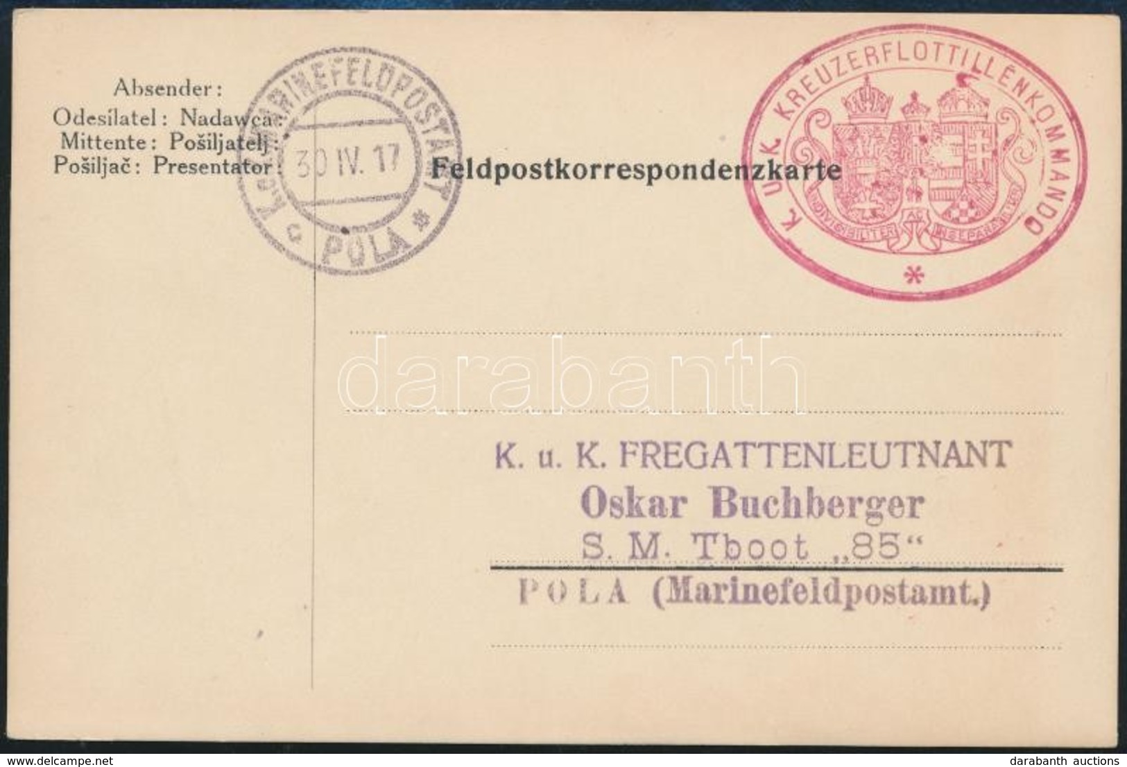1917 Tábori Posta Levelezőlap / Field Postcard Piros/red 'K.U.K. KREUZERFLOTTILLENKOMMANDO' - Autres & Non Classés