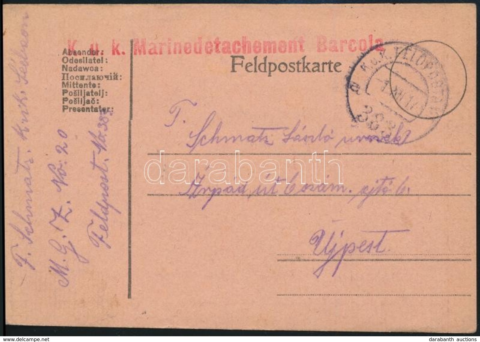 1917 Tábori Posta Levelezőlap / Field Postcard 'K.u.k. Marinedetachement Barcola' + 'FP 383 A' - Autres & Non Classés