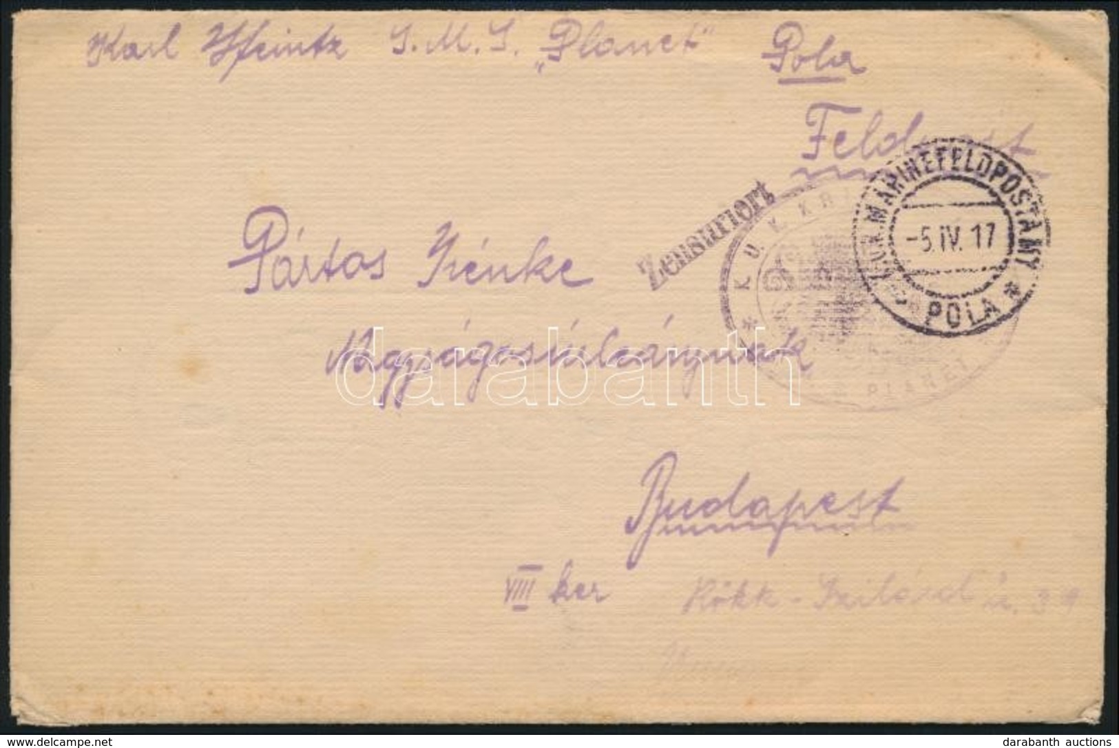 1917 Tábori Posta Boríték / Field Cover 'S.M.S. PLANET' - Autres & Non Classés