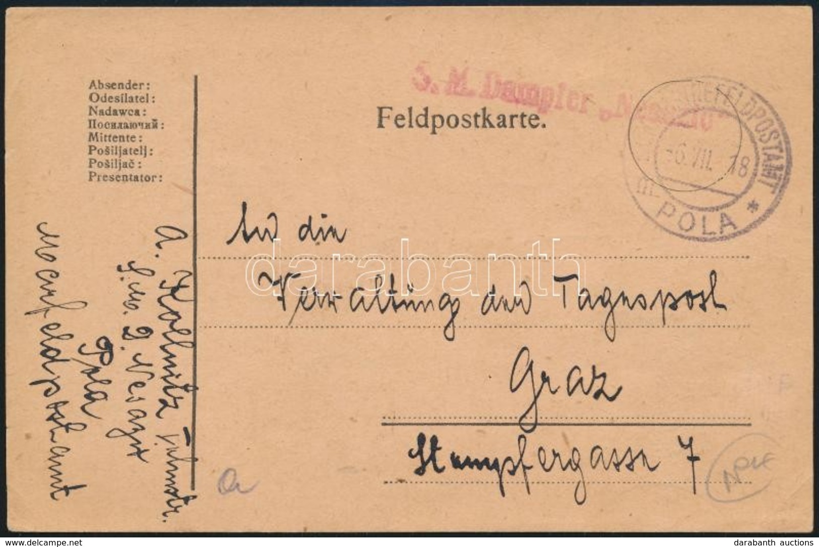 1918 Tábori Posta Levelezőlap / Field Postcard 'S.M. Dampfer Nesazio' + 'POLA' - Autres & Non Classés