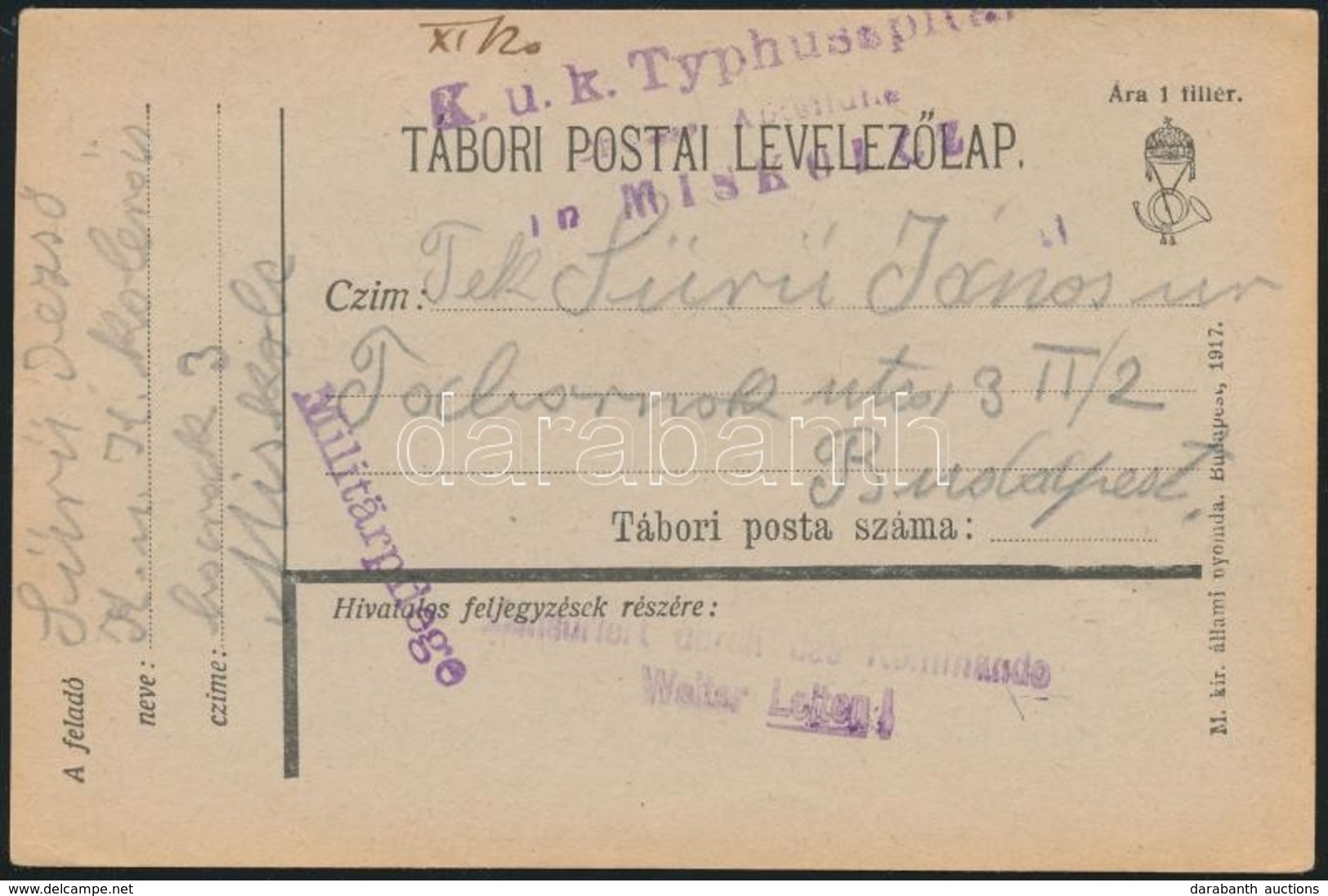1917 Tábori Posta Levelezőlap / Field Postcard 'K.u.k. Typhusspital ... In Miskolcz' - Autres & Non Classés