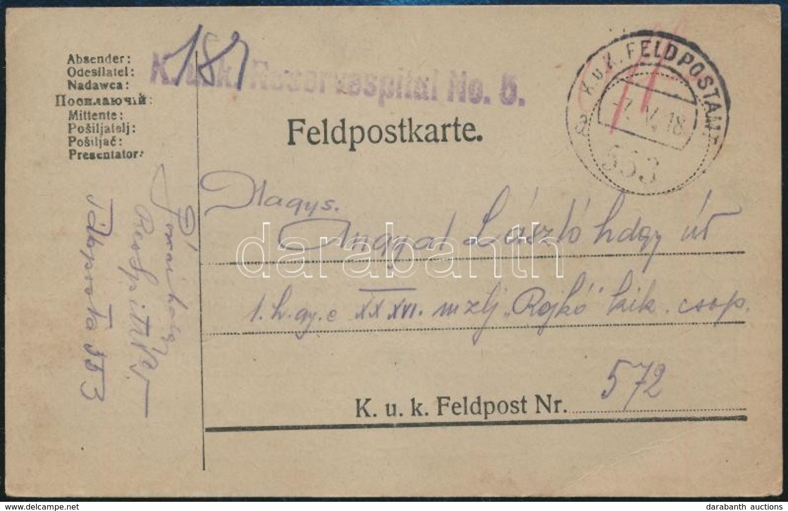 1918 Tábori Posta Levelezőlap / Field Postcard 'K.u.k. Reservespital No.5.' + 'FP 553' - Sonstige & Ohne Zuordnung