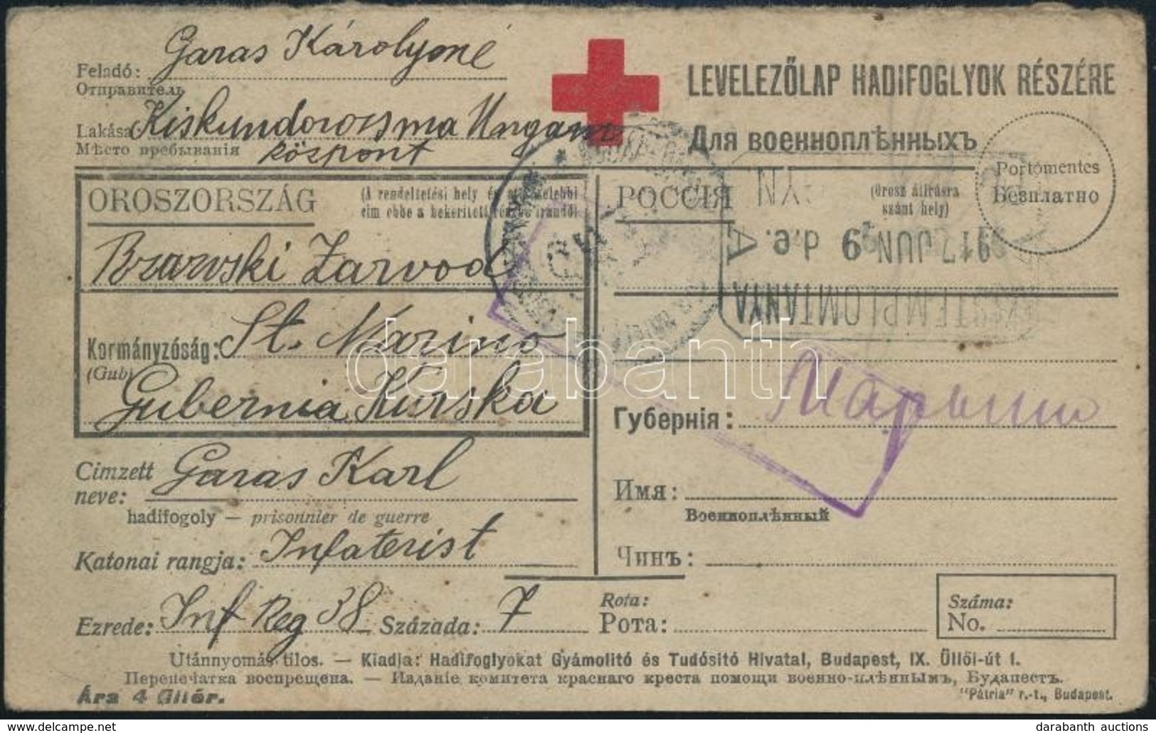 1917 Válaszlevelezőlap Oroszországi Magyar Hadifogolynak Küldve KISTEMPLOMTANYA Postaügynökségi Bélyegzéssel / POW Reply - Autres & Non Classés