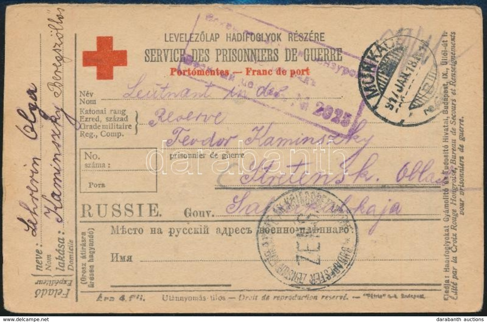 1917 Vöröskeresztes Hadifogoly Levelezőlap Oroszországba / Red Cross POW Postcard To Russia 'MUNKÁCS' - Andere & Zonder Classificatie