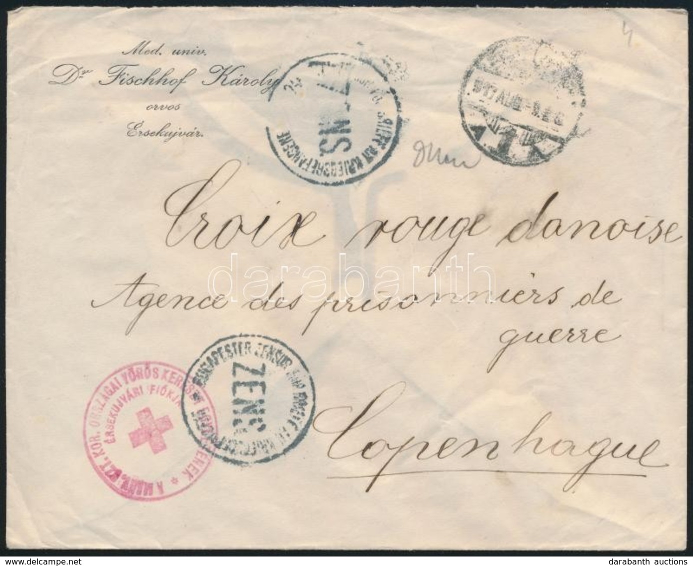 1917 Hadifogoly Levél Dániába / POW Cover To Danmark 'A MAGY. SZT. KOR. ORSZÁGAI VÖRÖSKERESZT EGYESÜLETÉNEK ÉRSEKÚJVÁRI  - Other & Unclassified