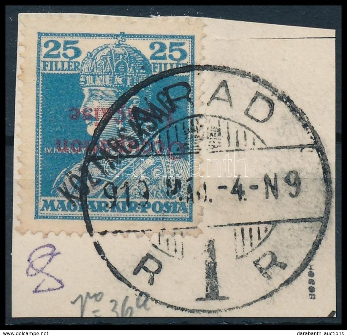 1919 Károly/Köztársaság 25f Fordított Felülnyomással Kivágáson (13.000) / Mi 41 With Inverted Overprint. Signed: Bodor - Autres & Non Classés