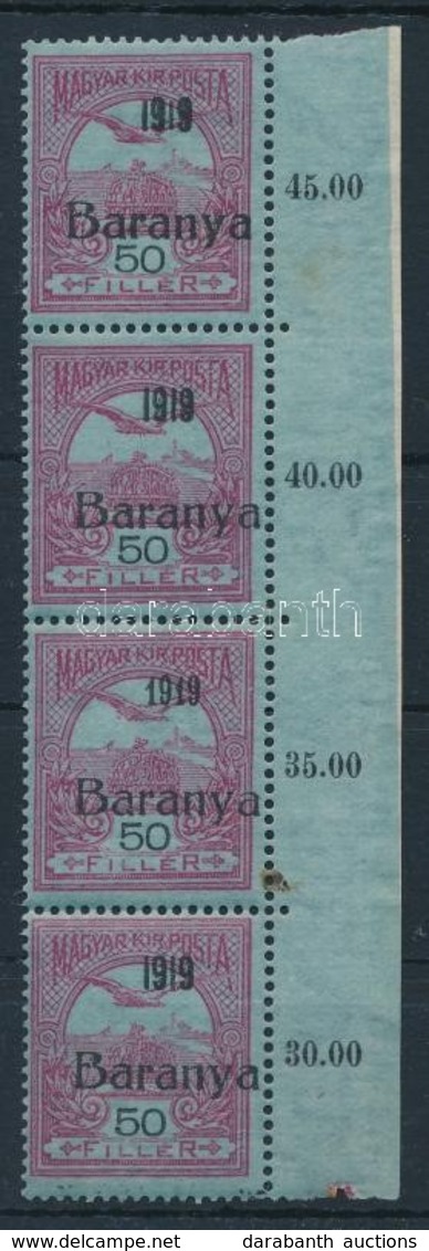 ** Baranya I. 1919 Turul 50f ívszéli 4-es Csík Klf Felülnyomással: Normál, Rövidebb Második Egyes, Antikva / Mi 12 Strip - Autres & Non Classés